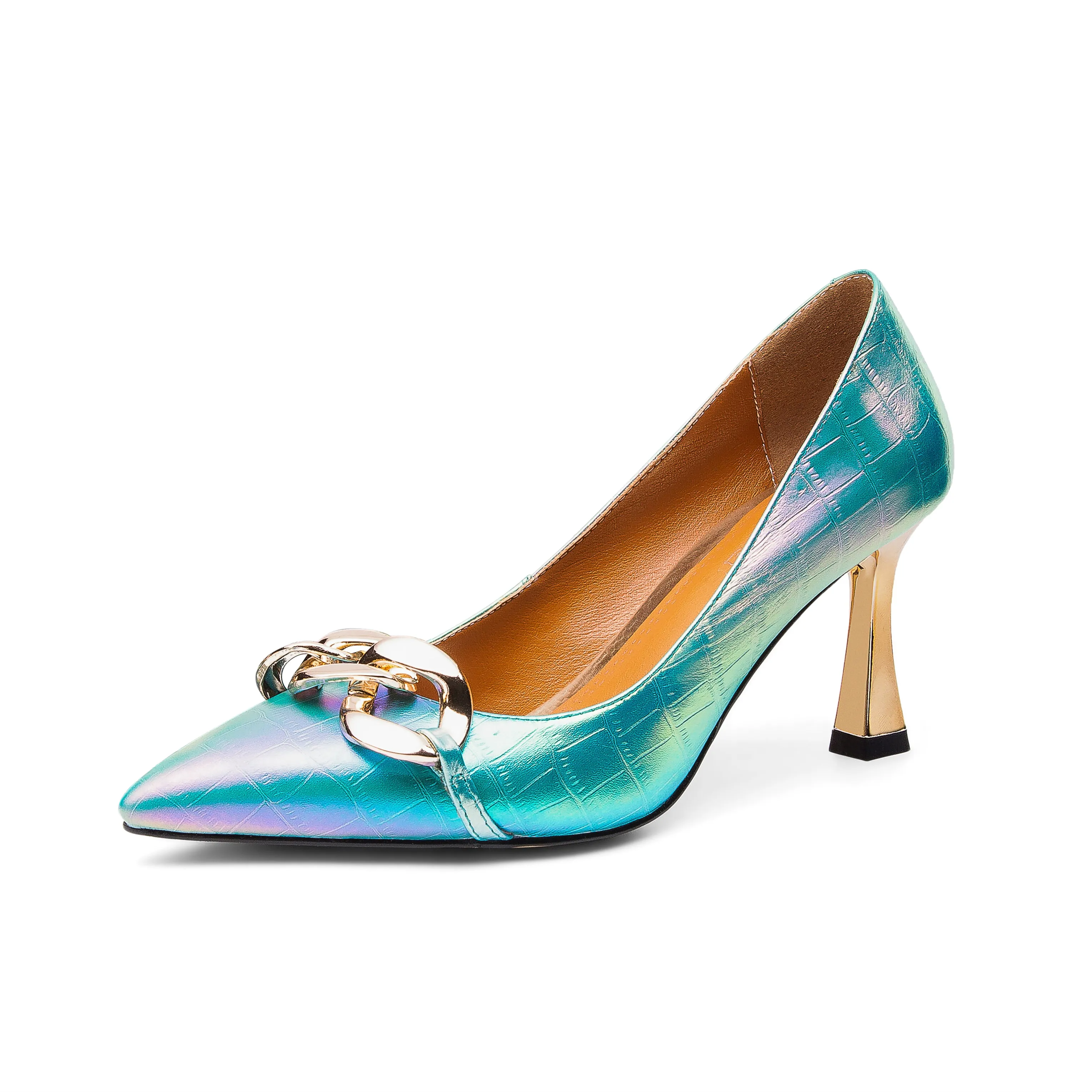 TinaCus Women's Genuine Leather Handmade Pointed Toe Sexy Metal High Kitten Heel Slip On Loafer Pumps with Mental Pattern Decor