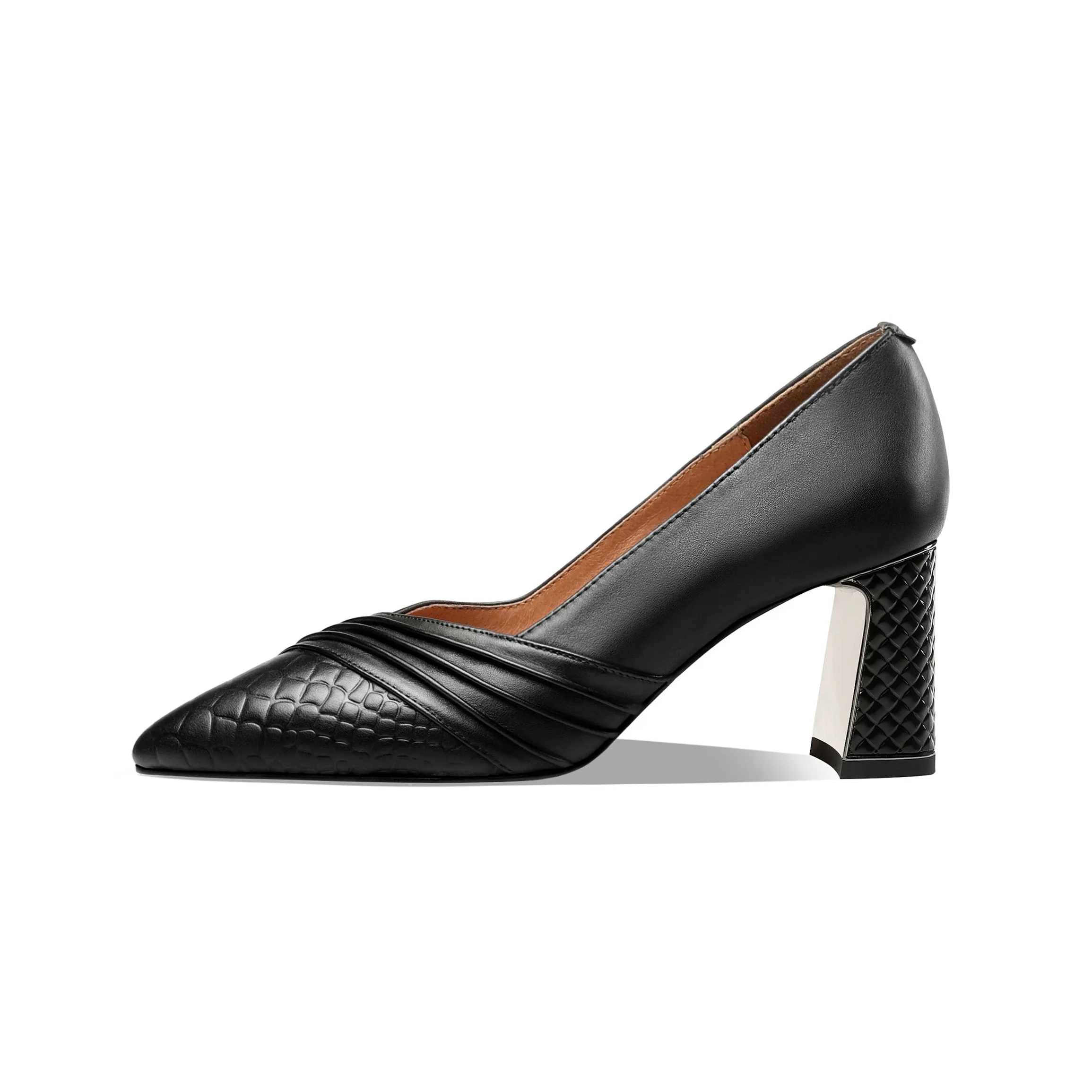 TinaCus Women's Genuine Leather Hnadmade Wrinkle Design Pointed Toe Mid Chunky Heel Pumps Shoes