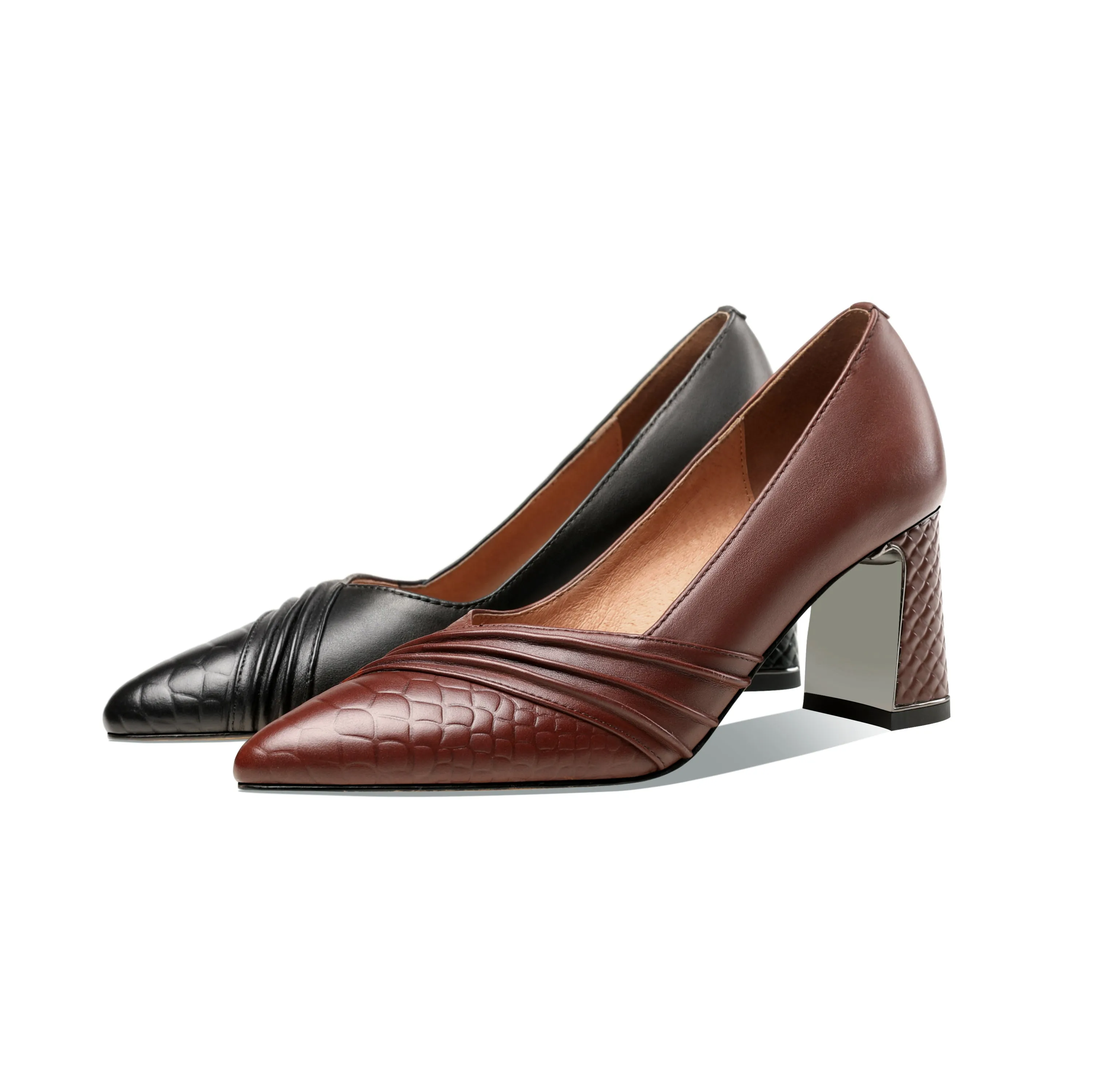 TinaCus Women's Genuine Leather Hnadmade Wrinkle Design Pointed Toe Mid Chunky Heel Pumps Shoes