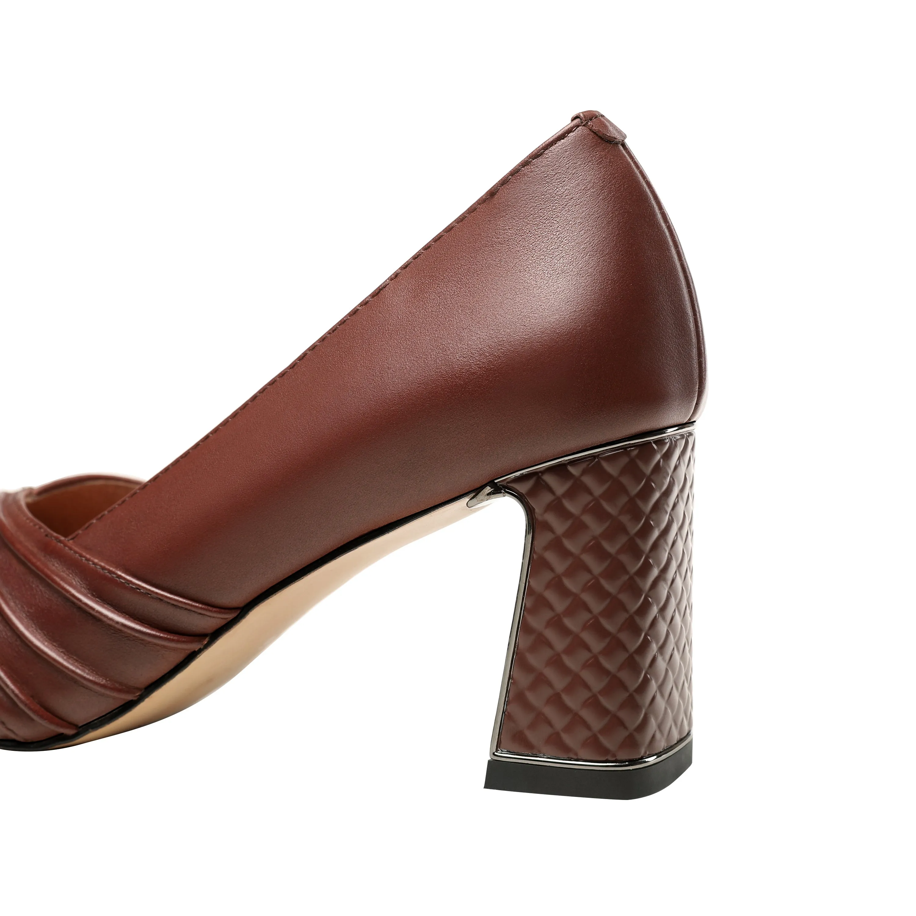 TinaCus Women's Genuine Leather Hnadmade Wrinkle Design Pointed Toe Mid Chunky Heel Pumps Shoes
