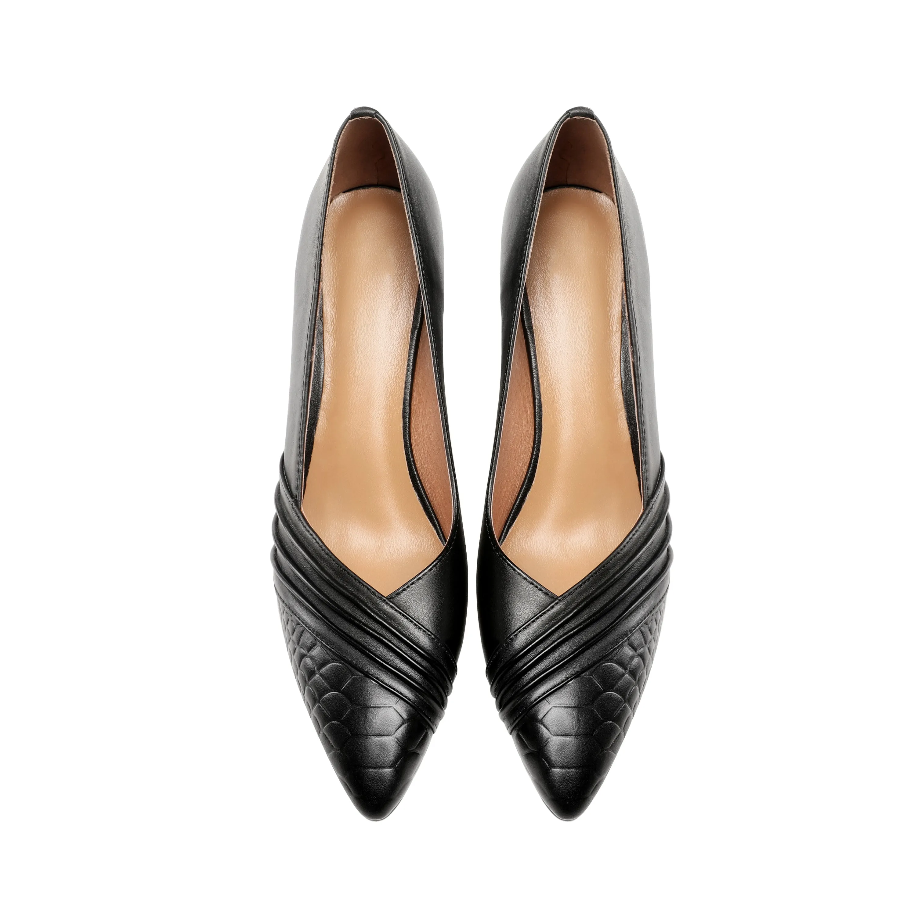 TinaCus Women's Genuine Leather Hnadmade Wrinkle Design Pointed Toe Mid Chunky Heel Pumps Shoes