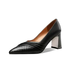 TinaCus Women's Genuine Leather Hnadmade Wrinkle Design Pointed Toe Mid Chunky Heel Pumps Shoes