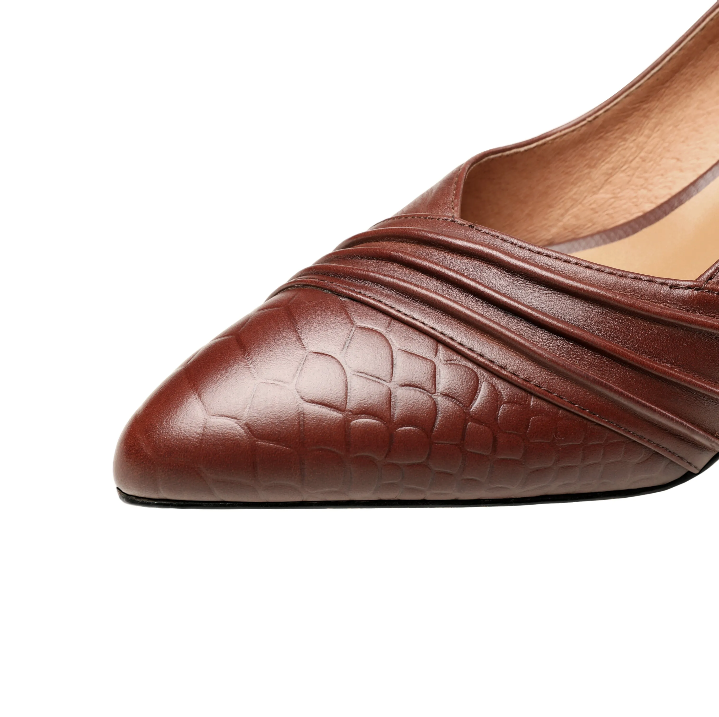 TinaCus Women's Genuine Leather Hnadmade Wrinkle Design Pointed Toe Mid Chunky Heel Pumps Shoes