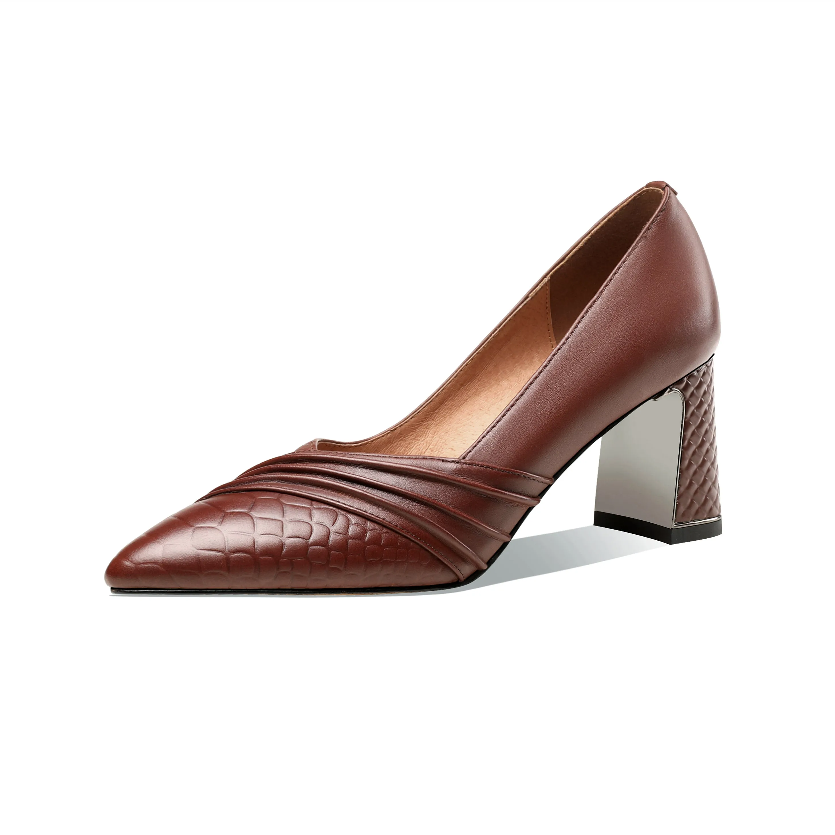 TinaCus Women's Genuine Leather Hnadmade Wrinkle Design Pointed Toe Mid Chunky Heel Pumps Shoes