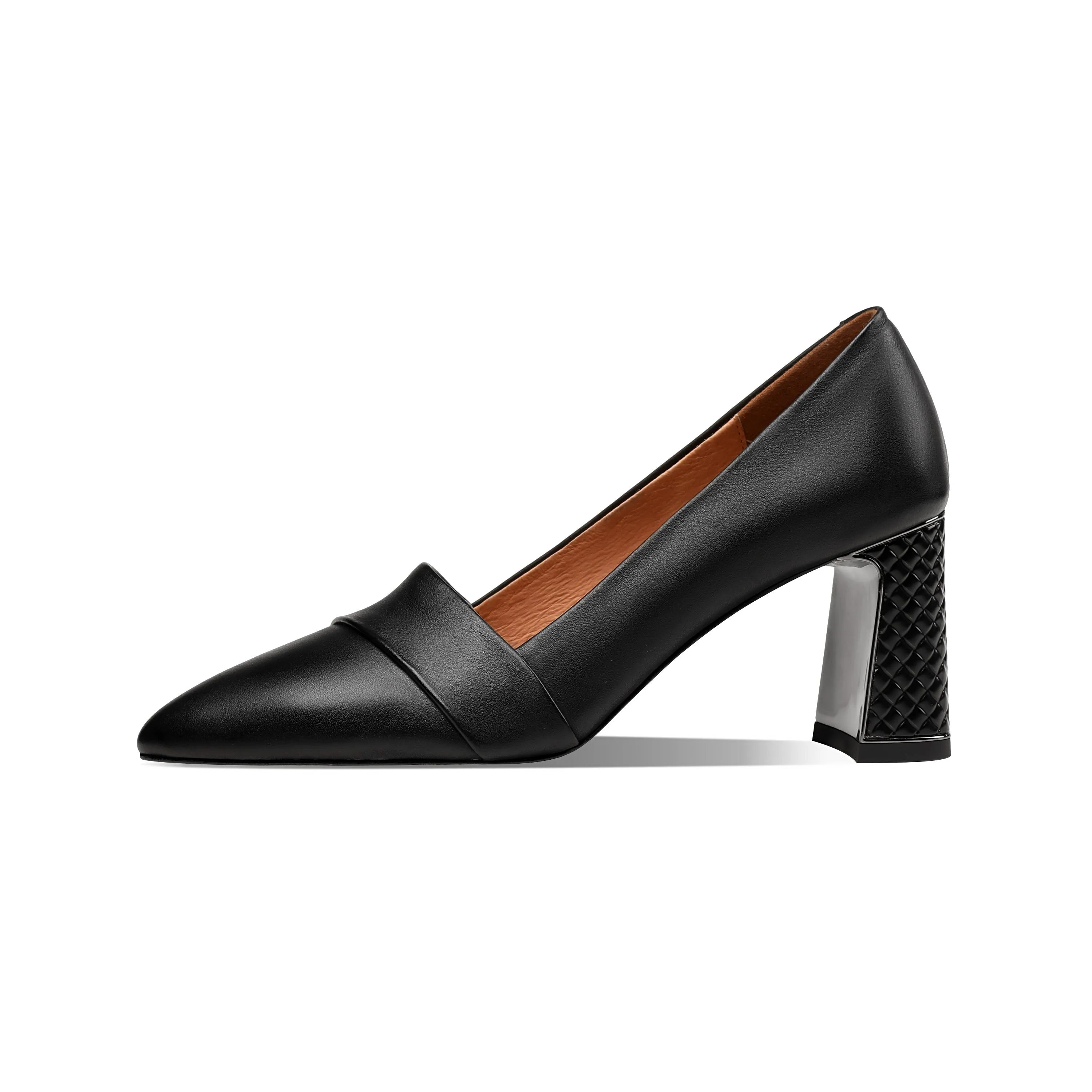 TinaCus Women's Genuine Leather Pointed Toe Handmade Mid Chunky Heels Slip On Retro Pumps Shoes