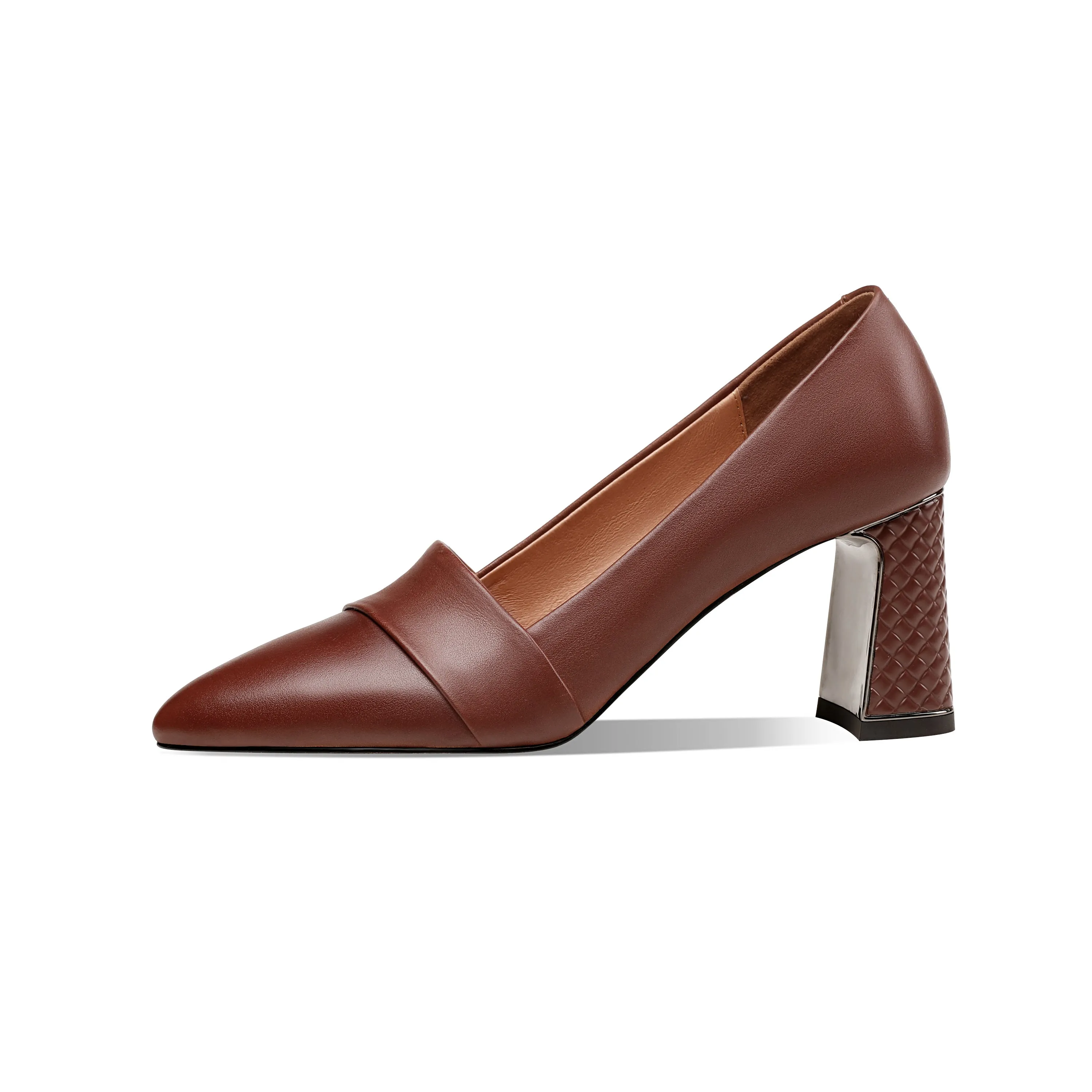 TinaCus Women's Genuine Leather Pointed Toe Handmade Mid Chunky Heels Slip On Retro Pumps Shoes