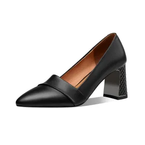 TinaCus Women's Genuine Leather Pointed Toe Handmade Mid Chunky Heels Slip On Retro Pumps Shoes