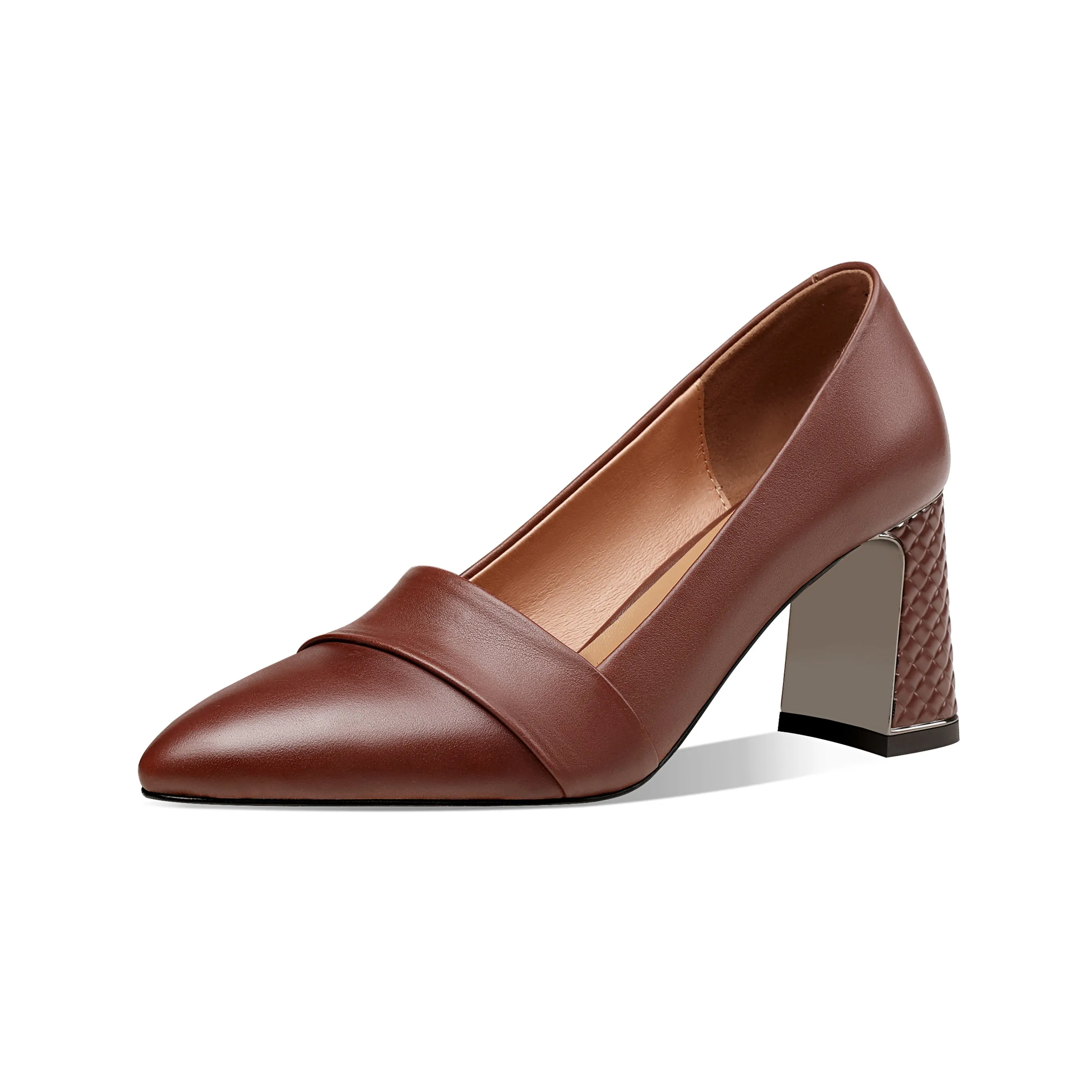 TinaCus Women's Genuine Leather Pointed Toe Handmade Mid Chunky Heels Slip On Retro Pumps Shoes