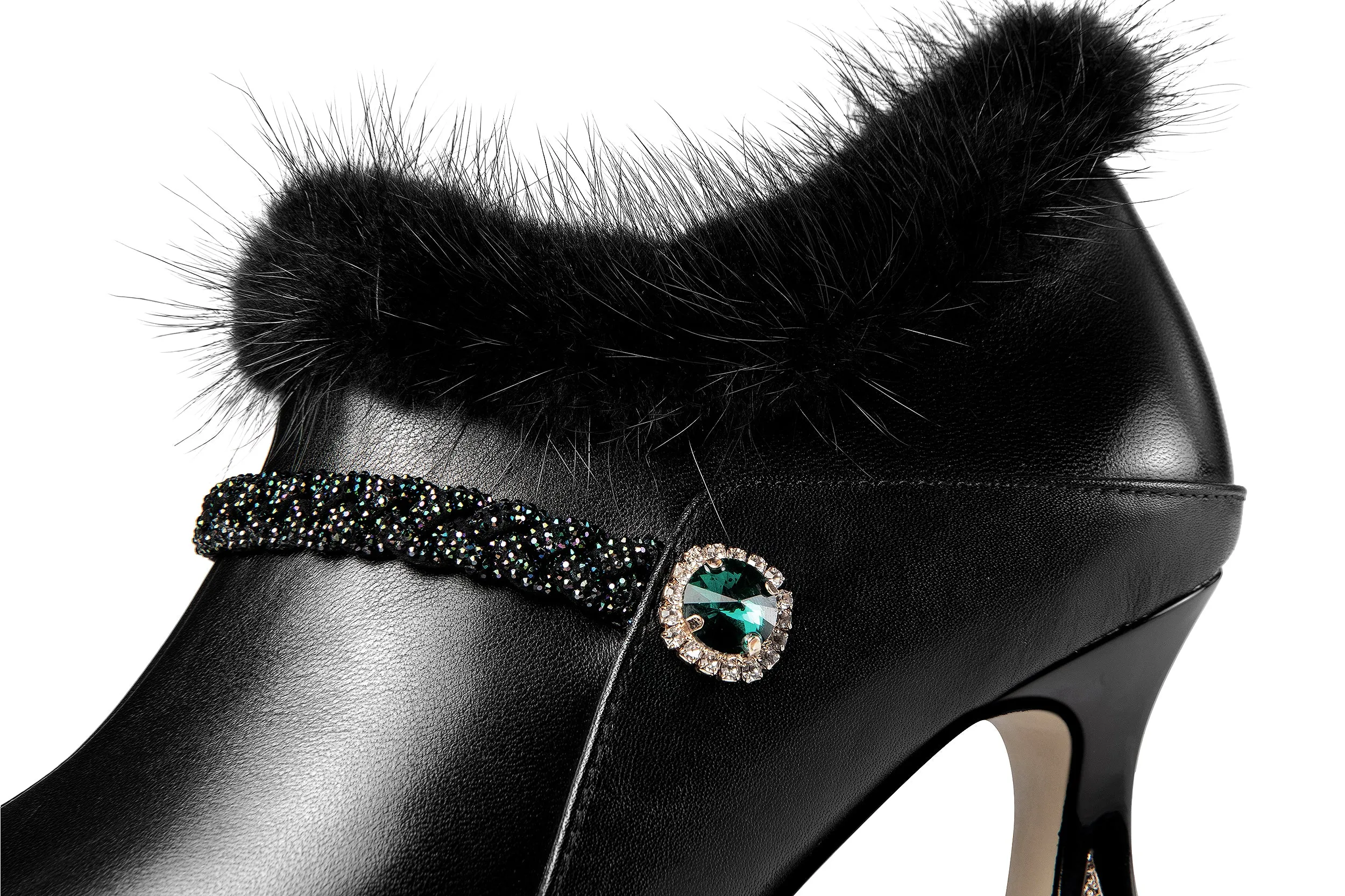 TinaCus Women's Handmade Genuine Leather and Fur Side Zip Up High Heel Pointed Toe Oxford Pumps with Green Crystal Decor