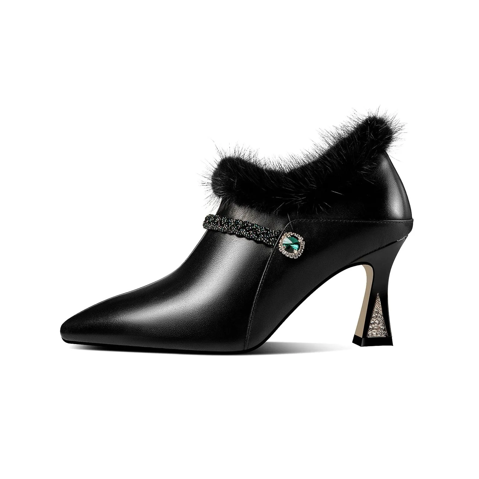 TinaCus Women's Handmade Genuine Leather and Fur Side Zip Up High Heel Pointed Toe Oxford Pumps with Green Crystal Decor