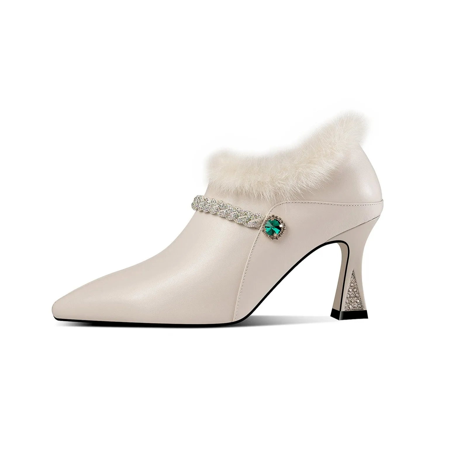 TinaCus Women's Handmade Genuine Leather and Fur Side Zip Up High Heel Pointed Toe Oxford Pumps with Green Crystal Decor