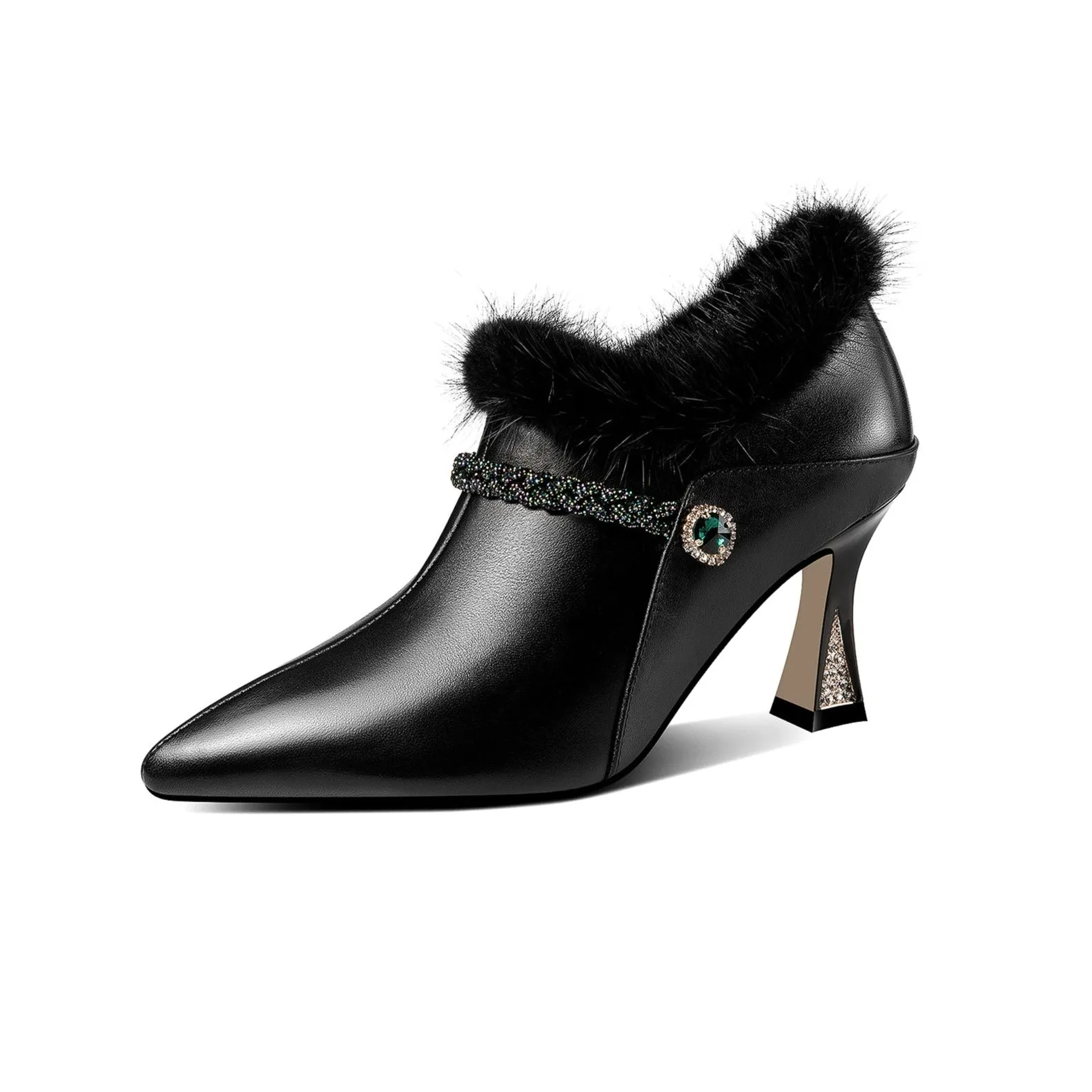 TinaCus Women's Handmade Genuine Leather and Fur Side Zip Up High Heel Pointed Toe Oxford Pumps with Green Crystal Decor