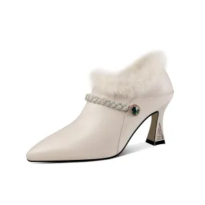 TinaCus Women's Handmade Genuine Leather and Fur Side Zip Up High Heel Pointed Toe Oxford Pumps with Green Crystal Decor