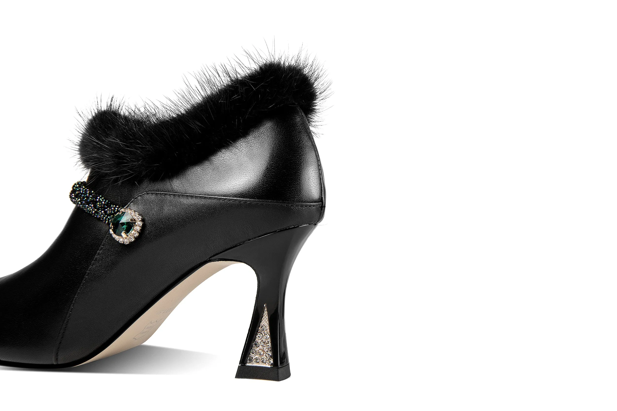 TinaCus Women's Handmade Genuine Leather and Fur Side Zip Up High Heel Pointed Toe Oxford Pumps with Green Crystal Decor
