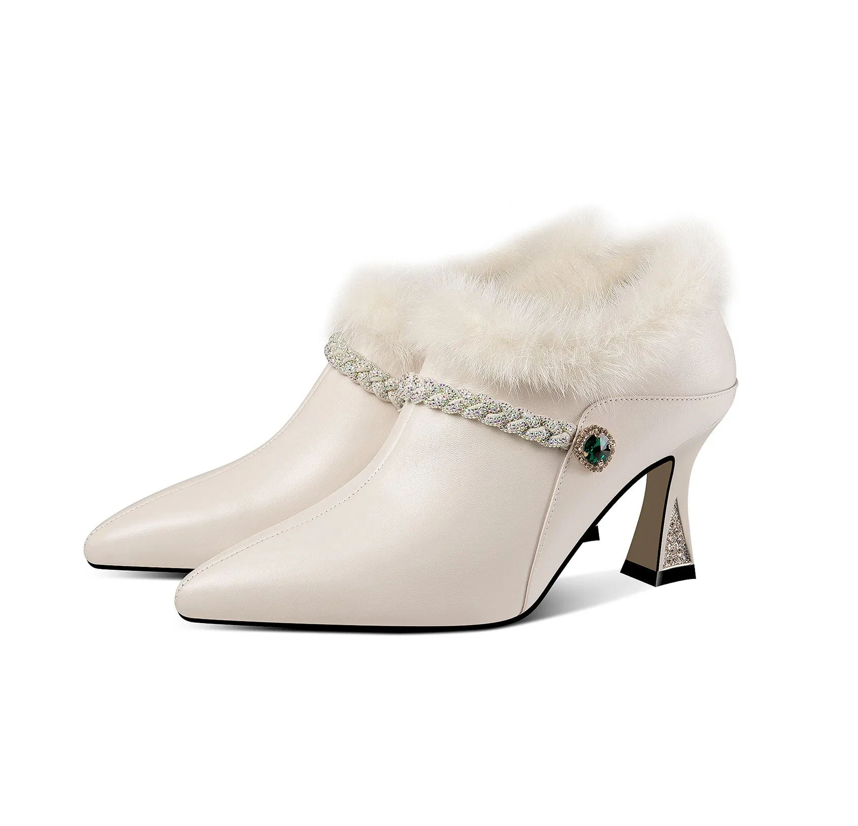 TinaCus Women's Handmade Genuine Leather and Fur Side Zip Up High Heel Pointed Toe Oxford Pumps with Green Crystal Decor