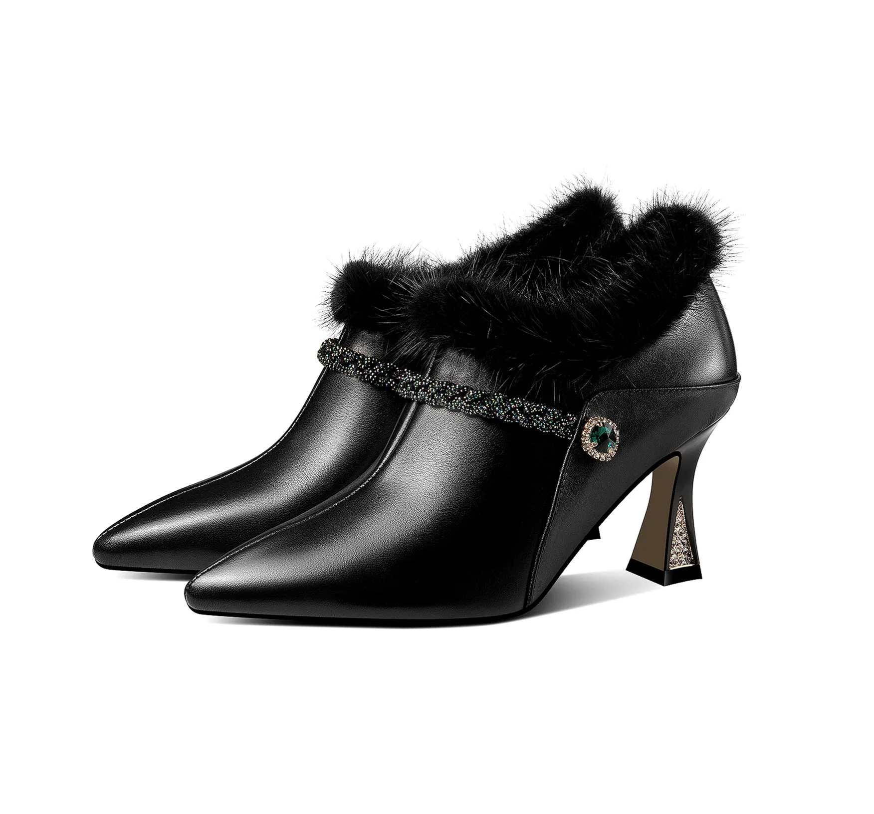 TinaCus Women's Handmade Genuine Leather and Fur Side Zip Up High Heel Pointed Toe Oxford Pumps with Green Crystal Decor