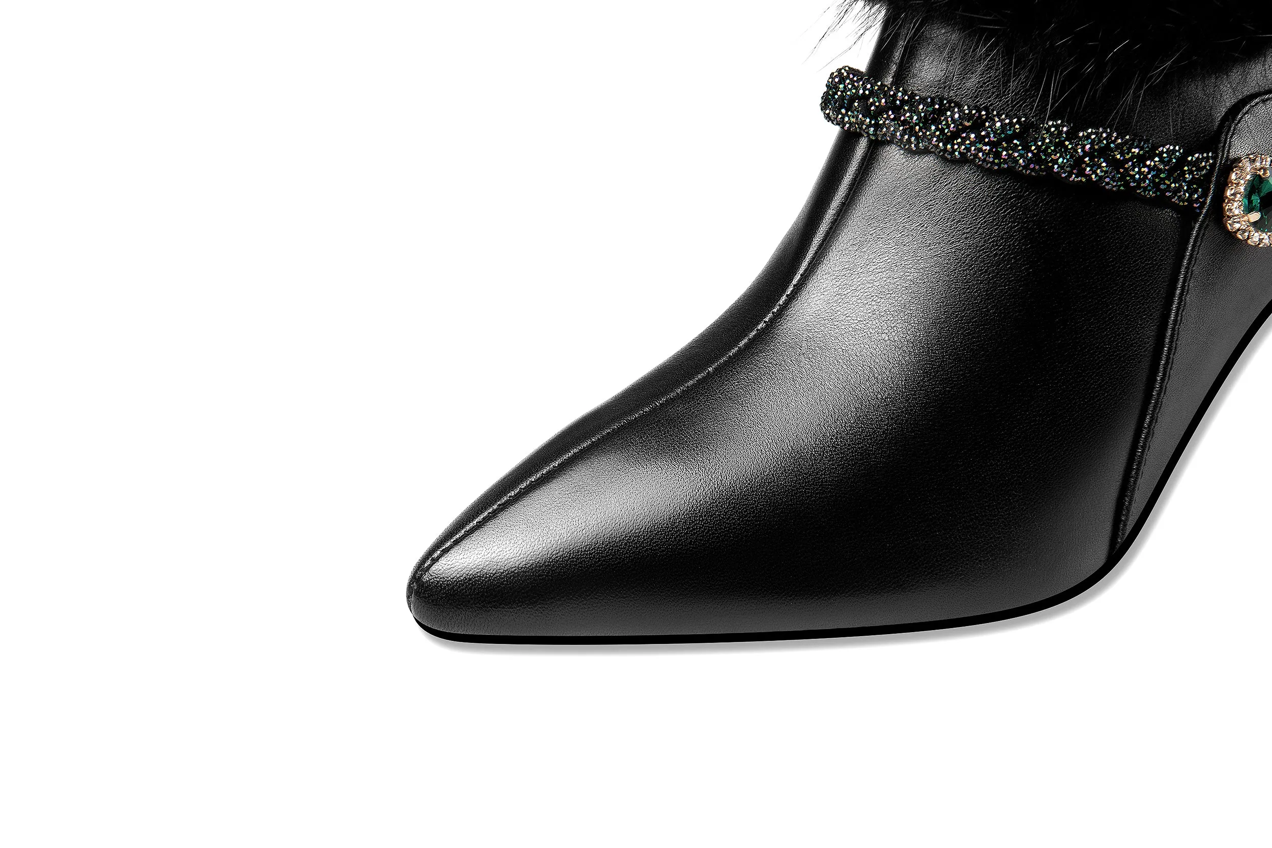 TinaCus Women's Handmade Genuine Leather and Fur Side Zip Up High Heel Pointed Toe Oxford Pumps with Green Crystal Decor