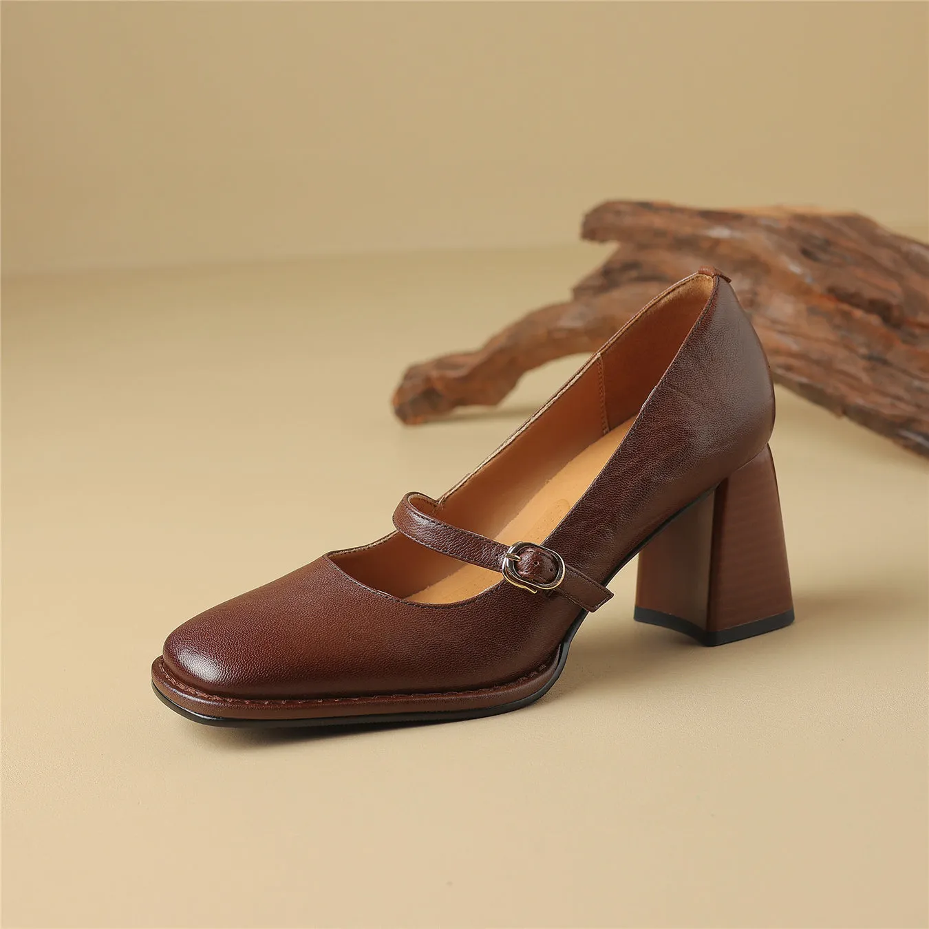 TinaCus Women's Handmade Genuine Leather Chunky Heel Buckle Mary Jane Pumps