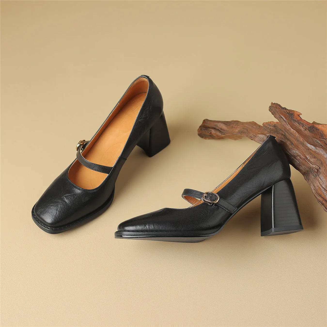 TinaCus Women's Handmade Genuine Leather Chunky Heel Buckle Mary Jane Pumps