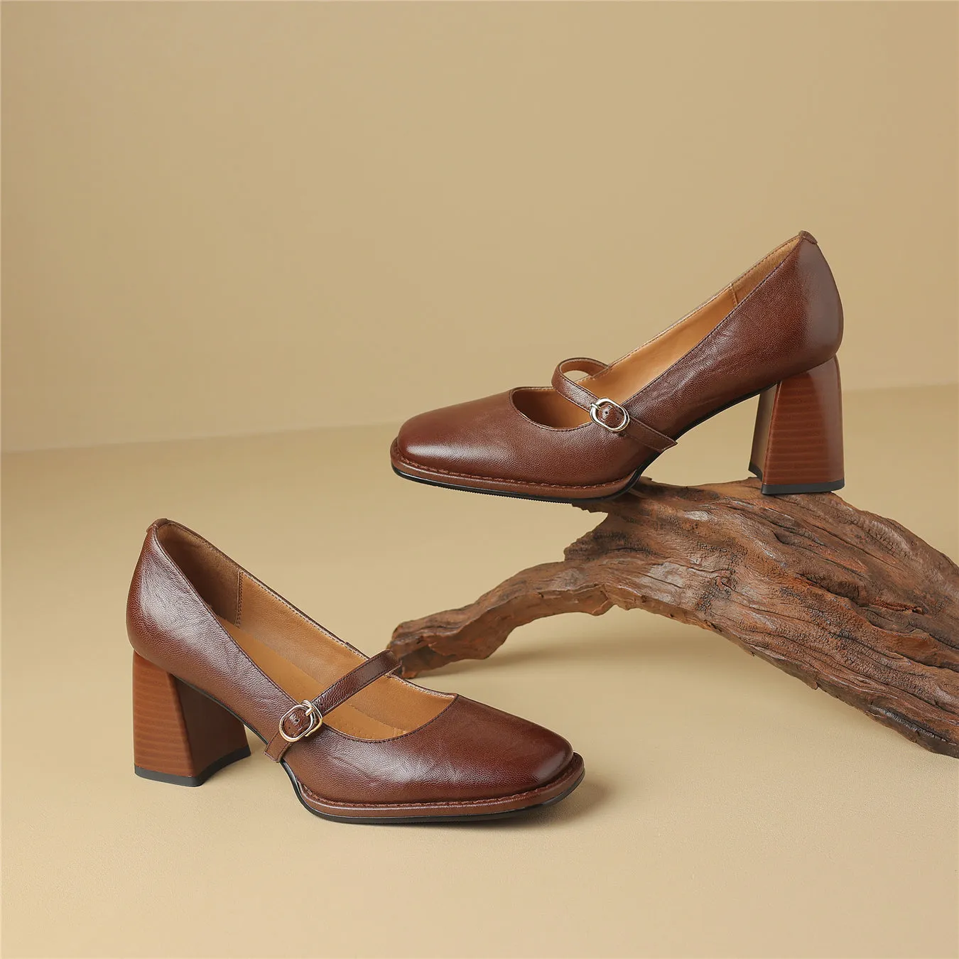 TinaCus Women's Handmade Genuine Leather Chunky Heel Buckle Mary Jane Pumps