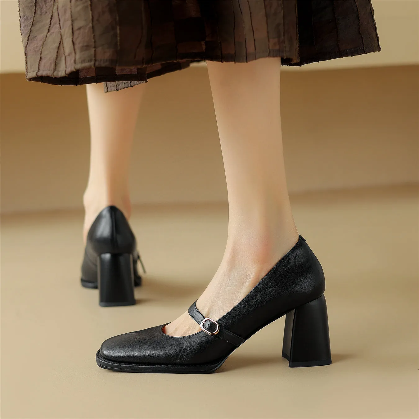 TinaCus Women's Handmade Genuine Leather Chunky Heel Buckle Mary Jane Pumps