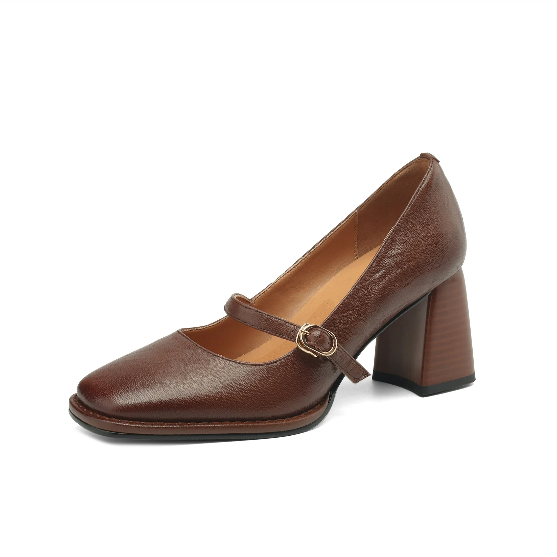 TinaCus Women's Handmade Genuine Leather Chunky Heel Buckle Mary Jane Pumps