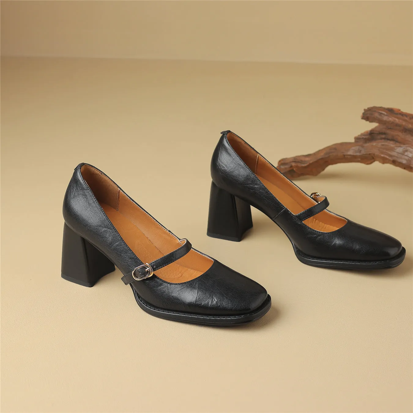 TinaCus Women's Handmade Genuine Leather Chunky Heel Buckle Mary Jane Pumps