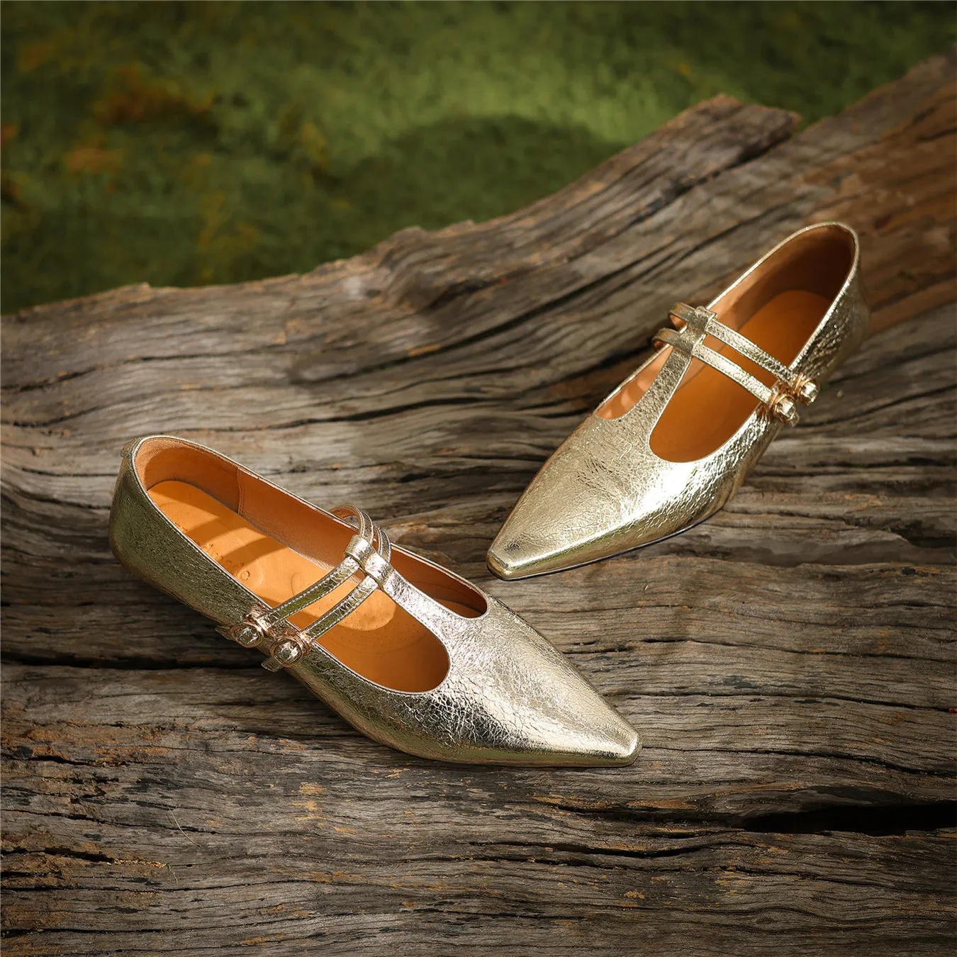 TinaCus Women's Handmade Genuine Leather Pointed Toe Chunky Heel T-Strap Double Buckle Pumps