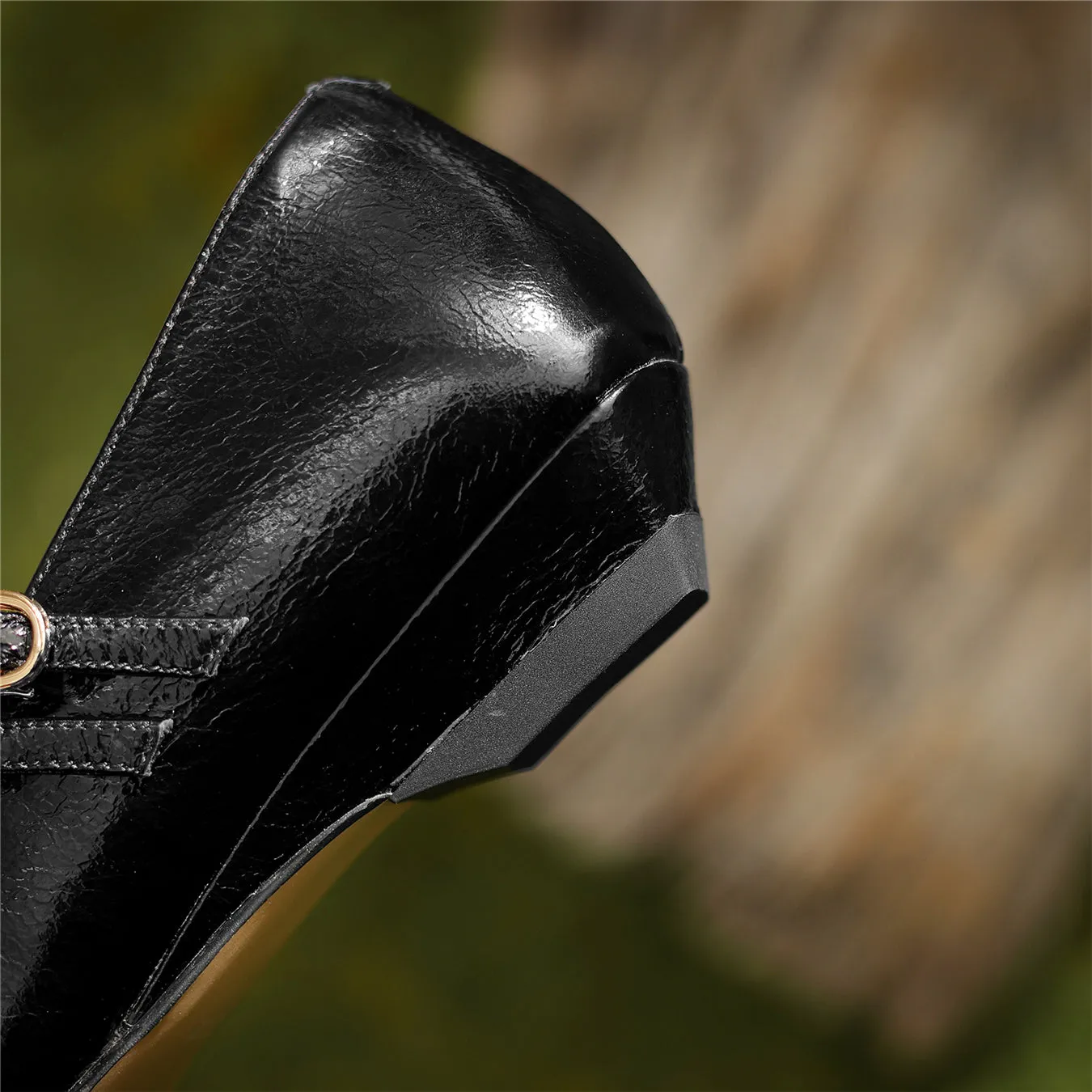 TinaCus Women's Handmade Genuine Leather Pointed Toe Chunky Heel T-Strap Double Buckle Pumps