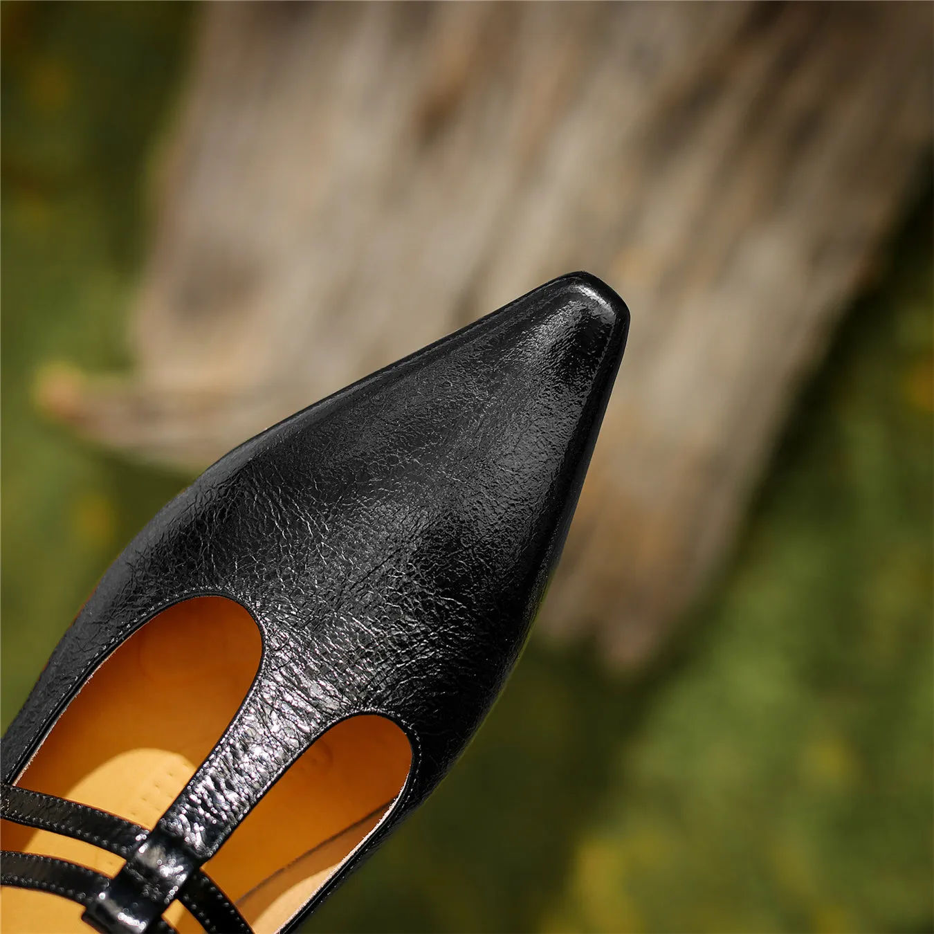 TinaCus Women's Handmade Genuine Leather Pointed Toe Chunky Heel T-Strap Double Buckle Pumps