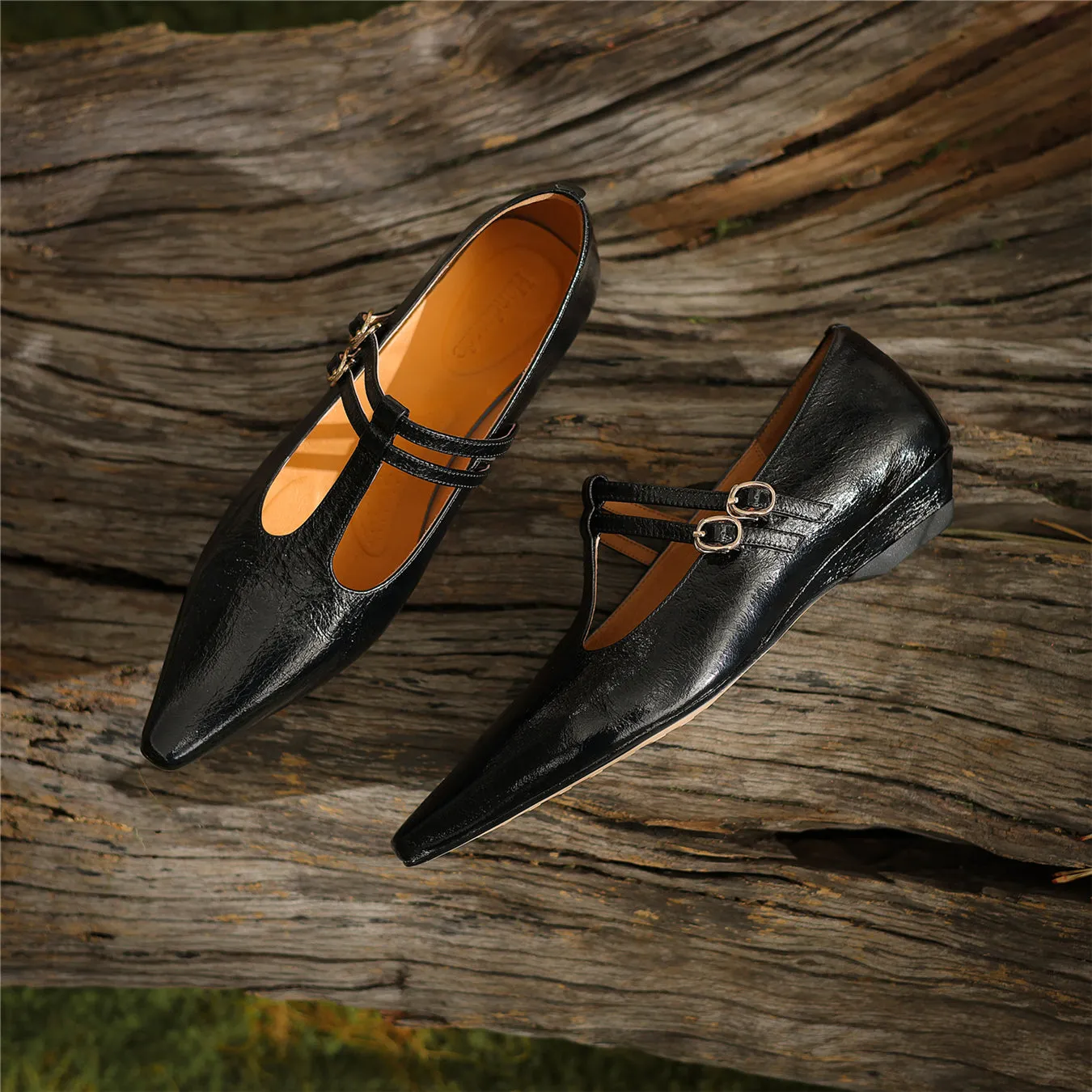 TinaCus Women's Handmade Genuine Leather Pointed Toe Chunky Heel T-Strap Double Buckle Pumps