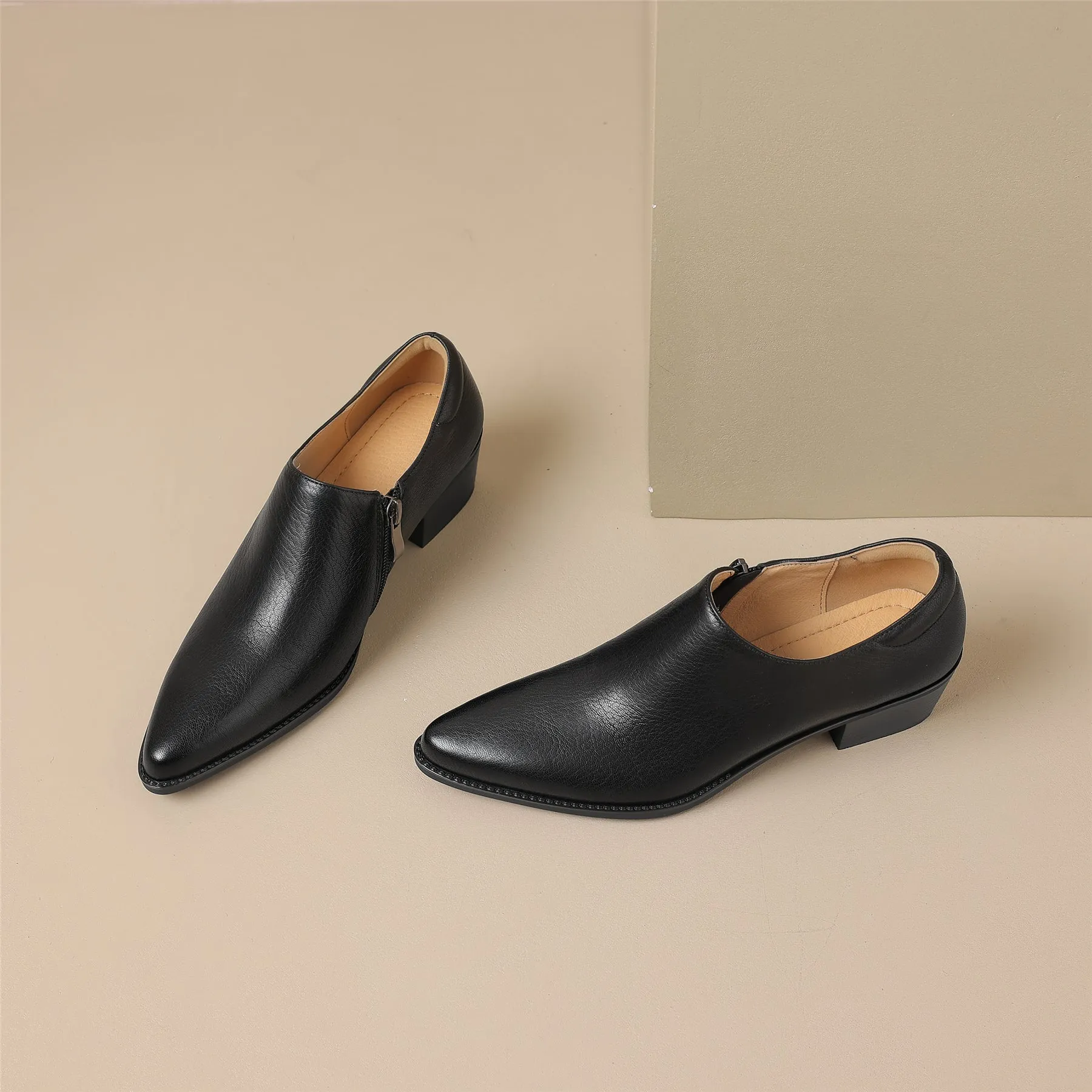 TinaCus Women's Handmade Genuine Leather Pointed Toe Zip Up Block Heel Pumps