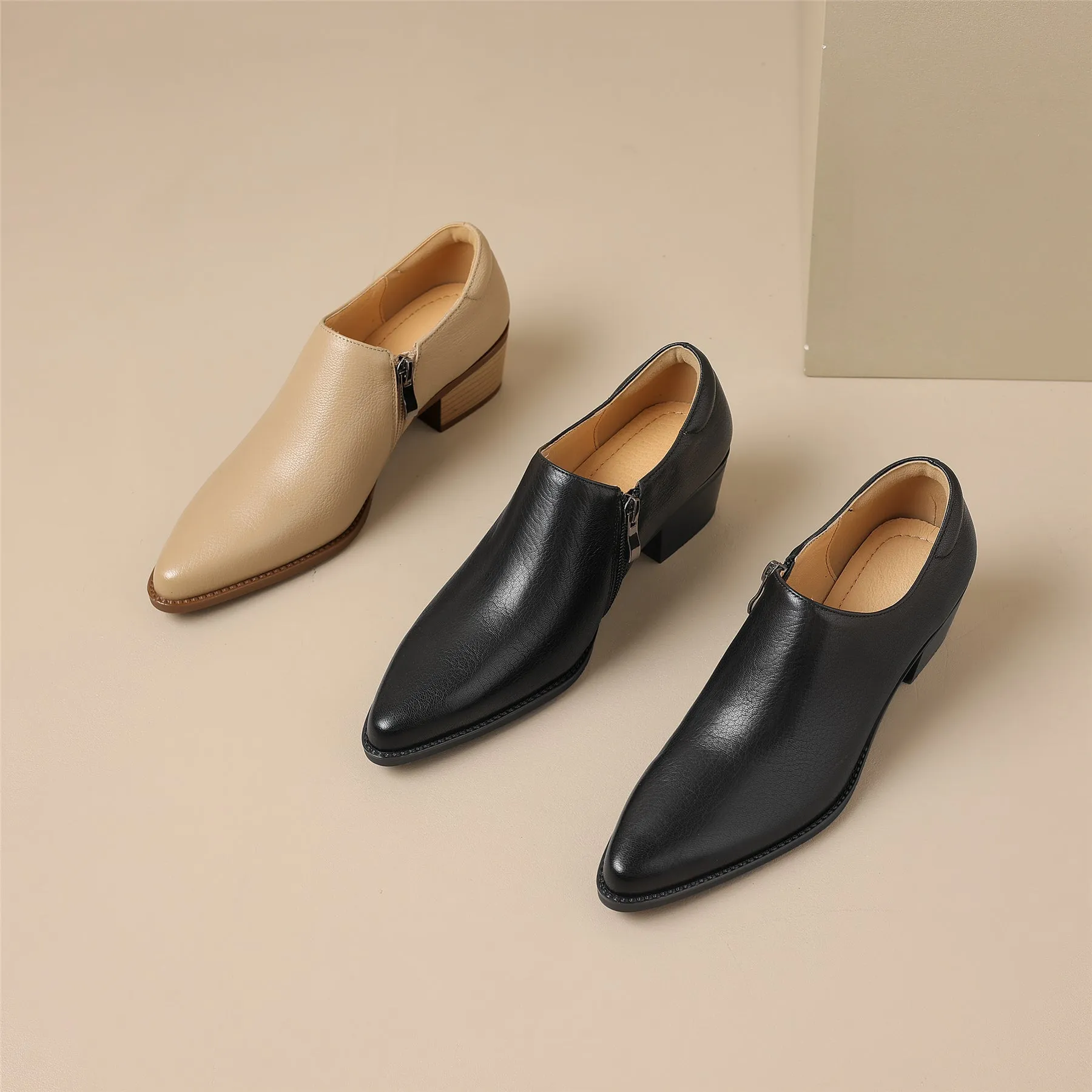 TinaCus Women's Handmade Genuine Leather Pointed Toe Zip Up Block Heel Pumps