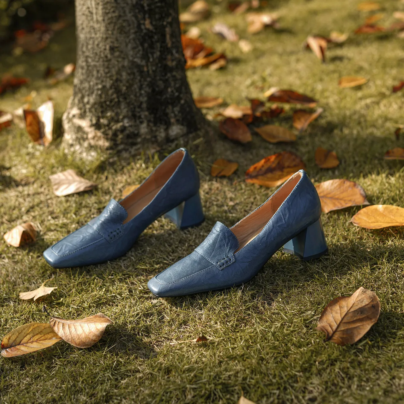 TinaCus Women's Handmade Genuine Leather Square Toe Block Heel Slip On Pumps