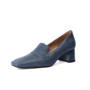 TinaCus Women's Handmade Genuine Leather Square Toe Block Heel Slip On Pumps