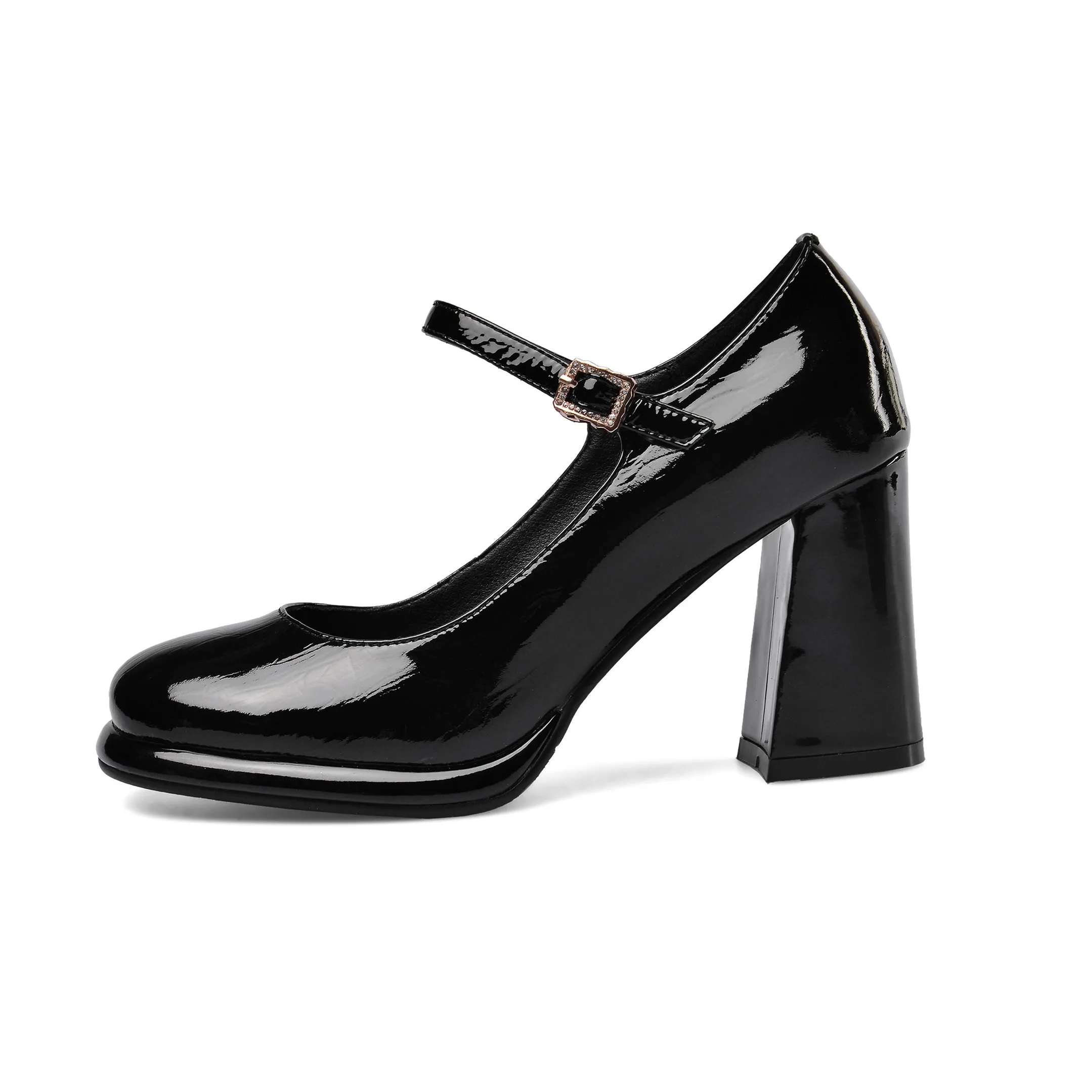 TinaCus Women's Patent Leather Rouns Toe Handmade Buckle Belt High Chunky Heel Trendy Pumps Shoes