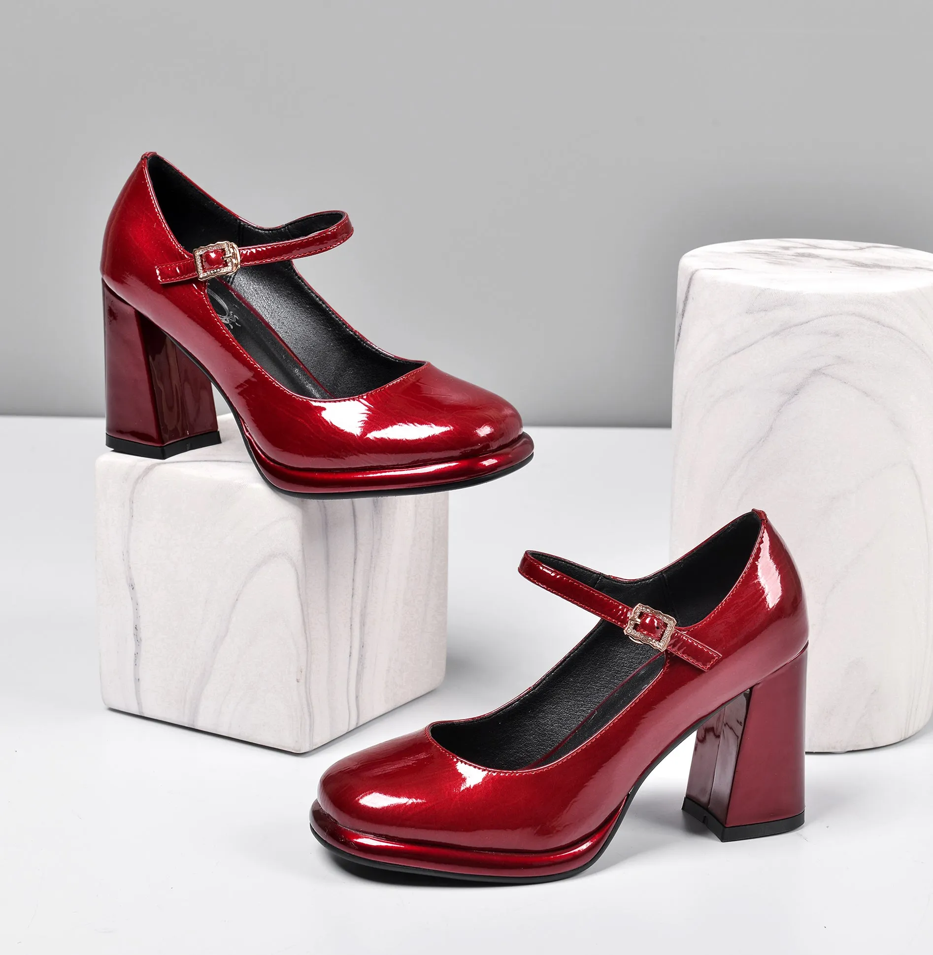 TinaCus Women's Patent Leather Rouns Toe Handmade Buckle Belt High Chunky Heel Trendy Pumps Shoes