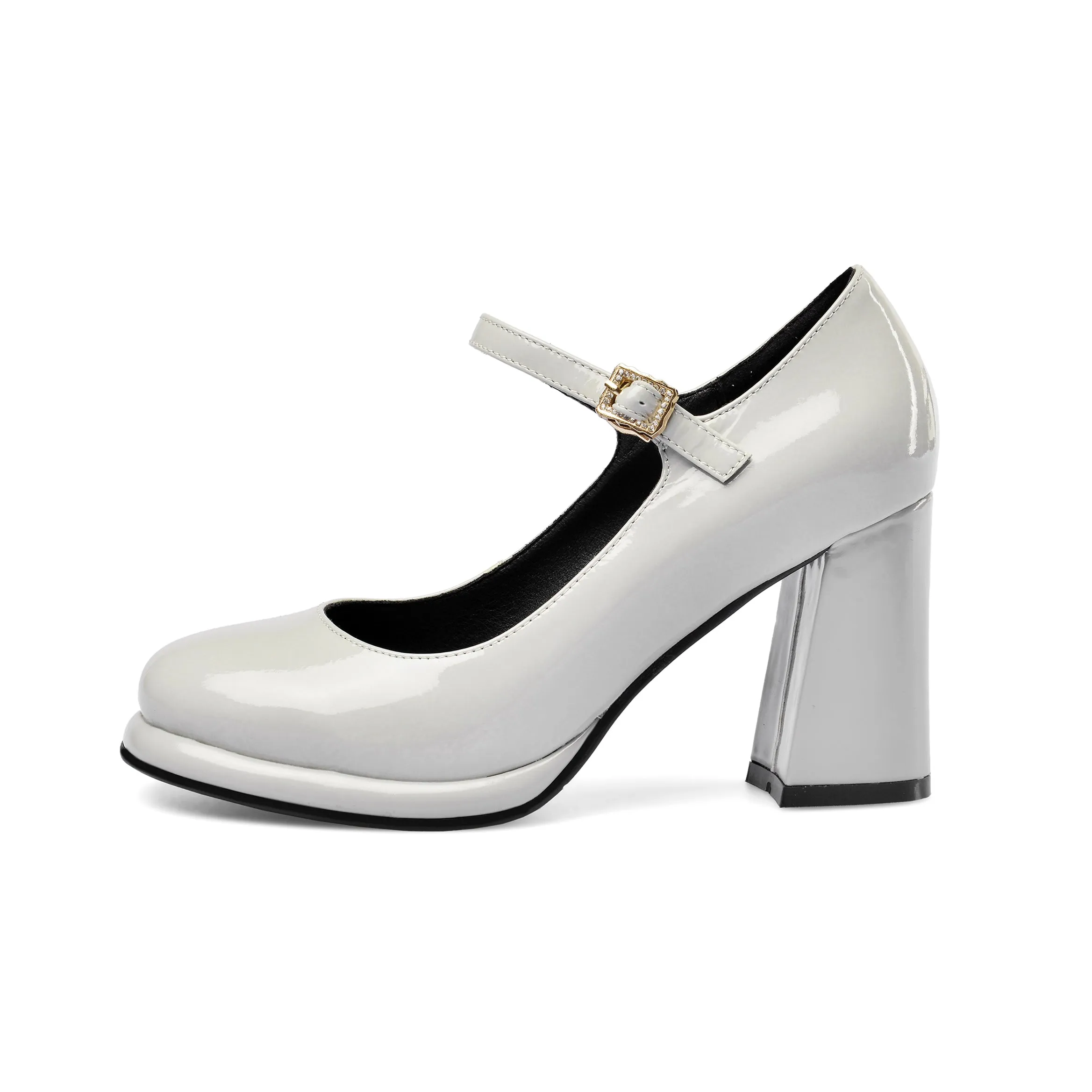 TinaCus Women's Patent Leather Rouns Toe Handmade Buckle Belt High Chunky Heel Trendy Pumps Shoes