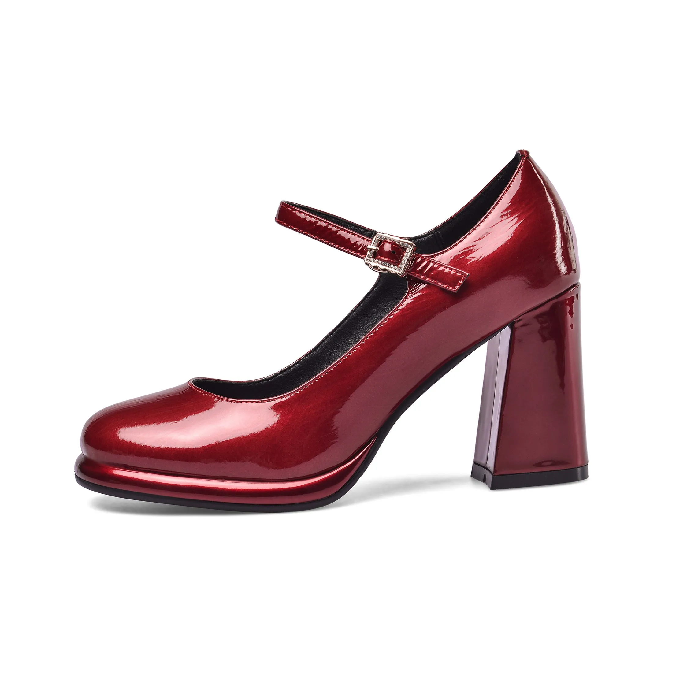 TinaCus Women's Patent Leather Rouns Toe Handmade Buckle Belt High Chunky Heel Trendy Pumps Shoes