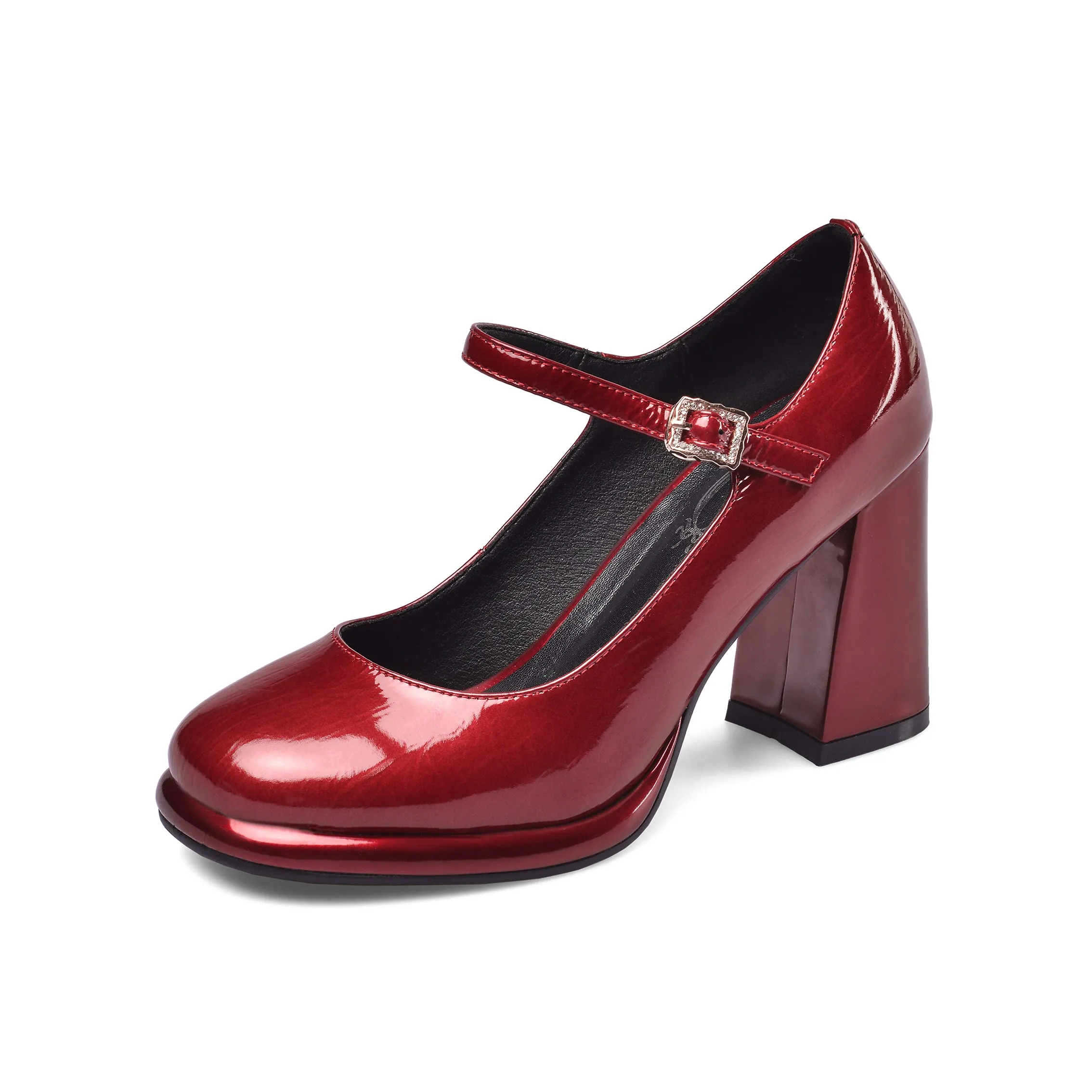 TinaCus Women's Patent Leather Rouns Toe Handmade Buckle Belt High Chunky Heel Trendy Pumps Shoes