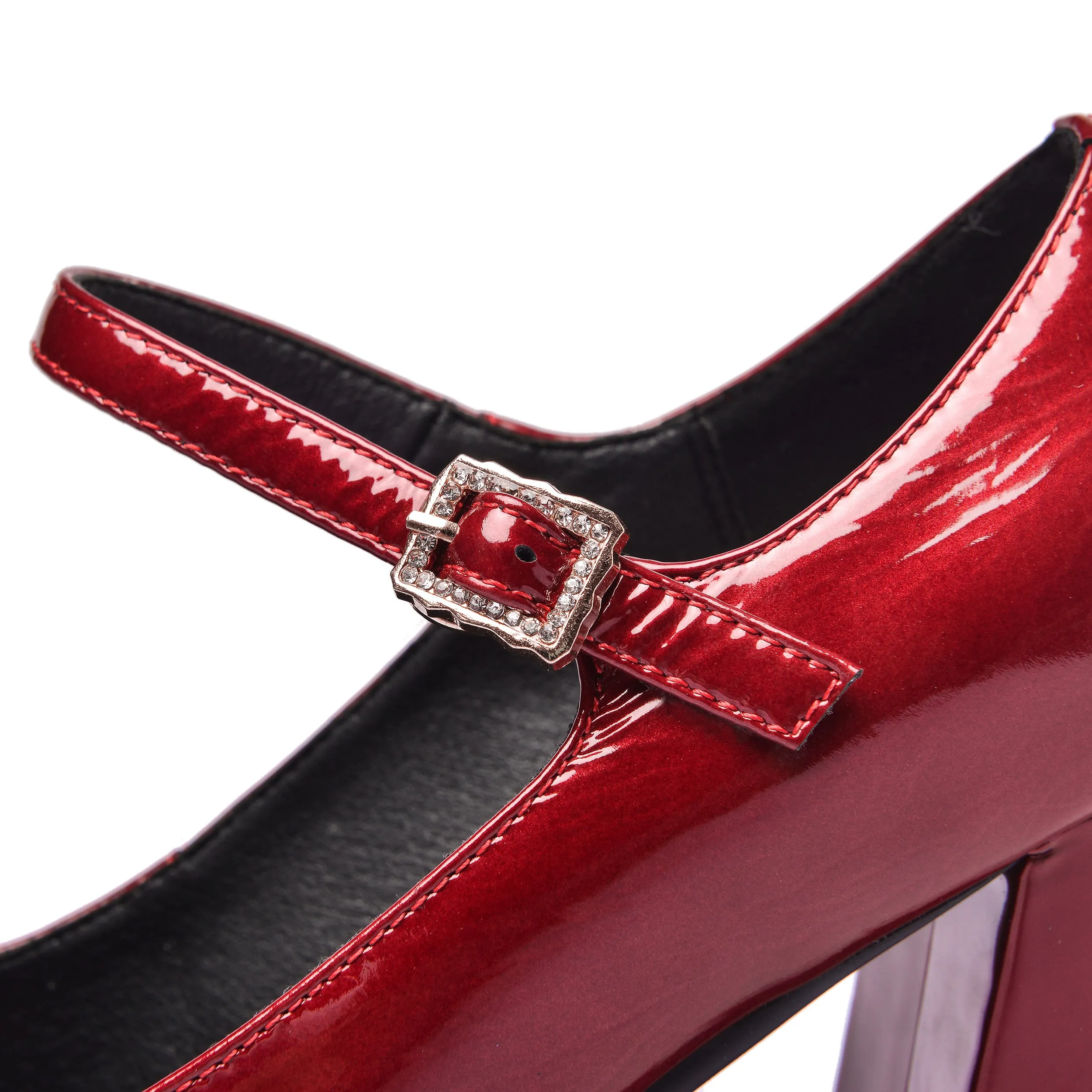 TinaCus Women's Patent Leather Rouns Toe Handmade Buckle Belt High Chunky Heel Trendy Pumps Shoes