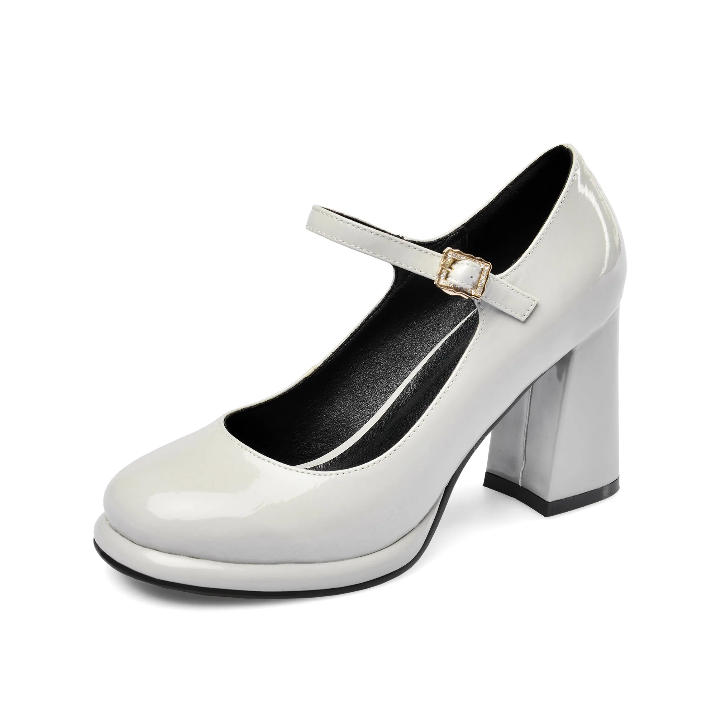 TinaCus Women's Patent Leather Rouns Toe Handmade Buckle Belt High Chunky Heel Trendy Pumps Shoes