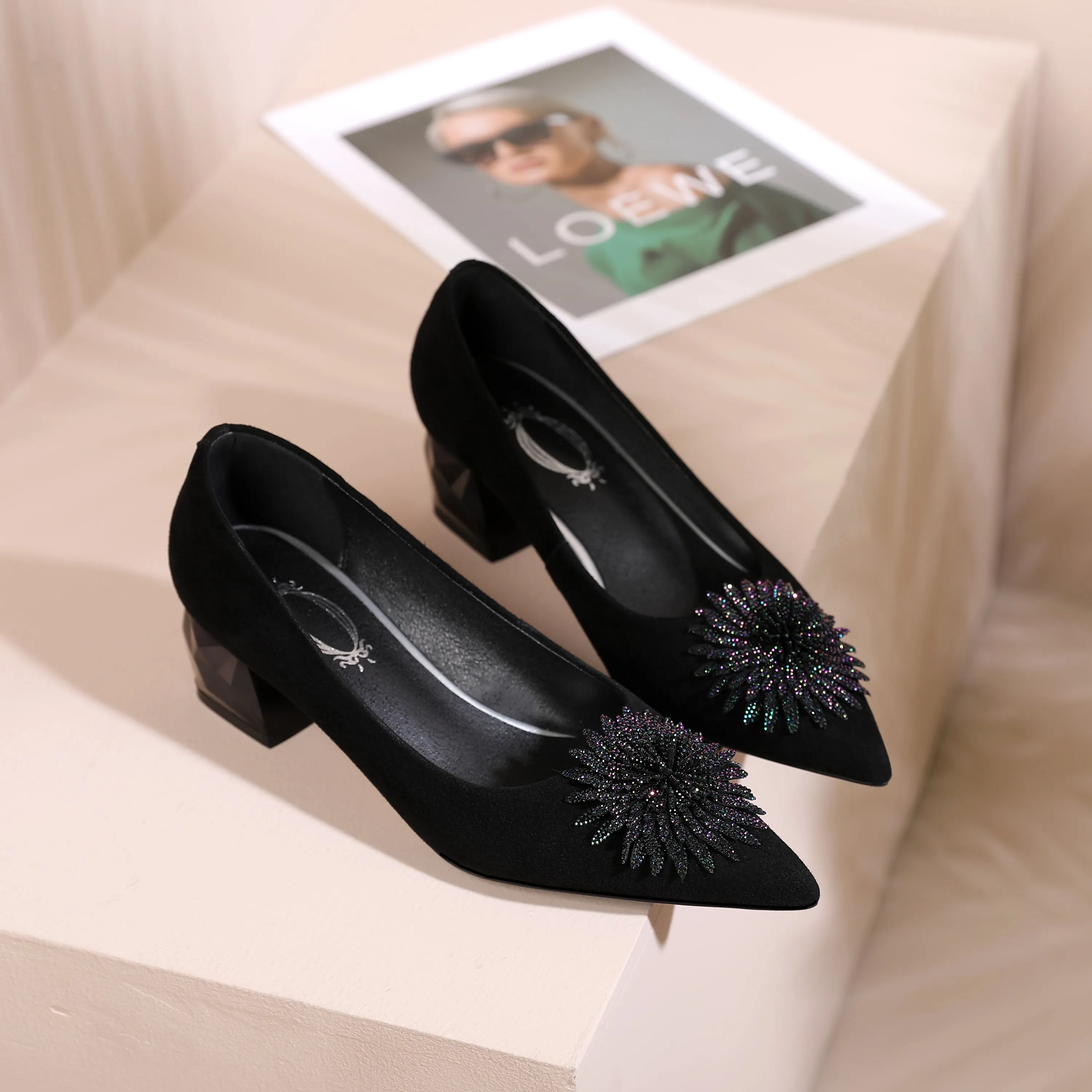 TinaCus Women's Pointed Toe Genuine/Suede Leather Handmade Rhinestone Floral Decor Low Chunky Heel Pumps Shoes