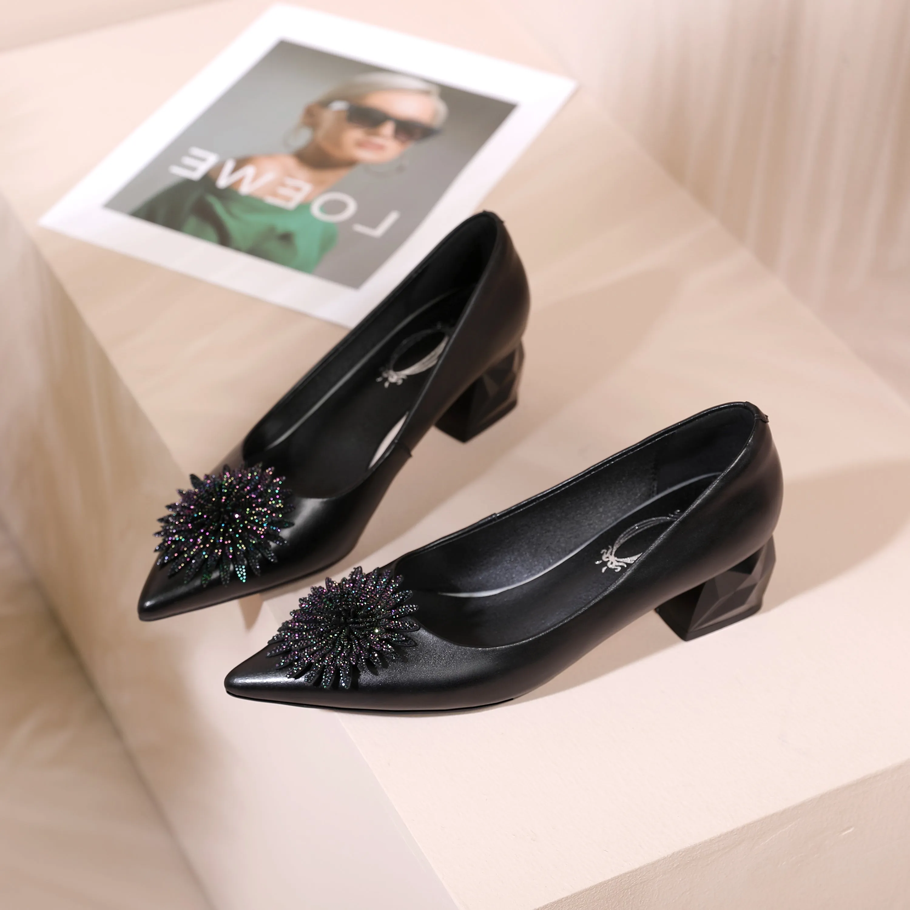 TinaCus Women's Pointed Toe Genuine/Suede Leather Handmade Rhinestone Floral Decor Low Chunky Heel Pumps Shoes
