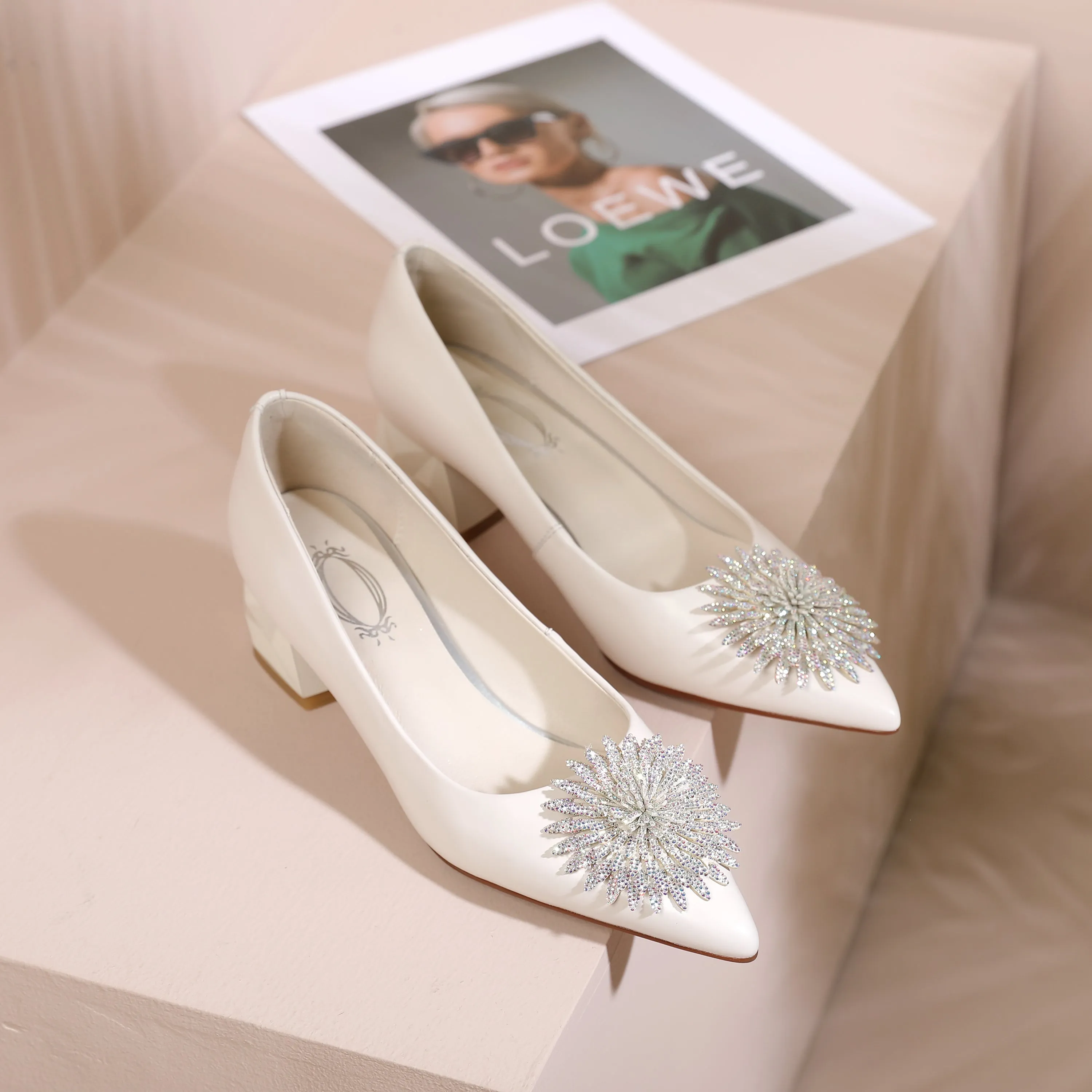 TinaCus Women's Pointed Toe Genuine/Suede Leather Handmade Rhinestone Floral Decor Low Chunky Heel Pumps Shoes
