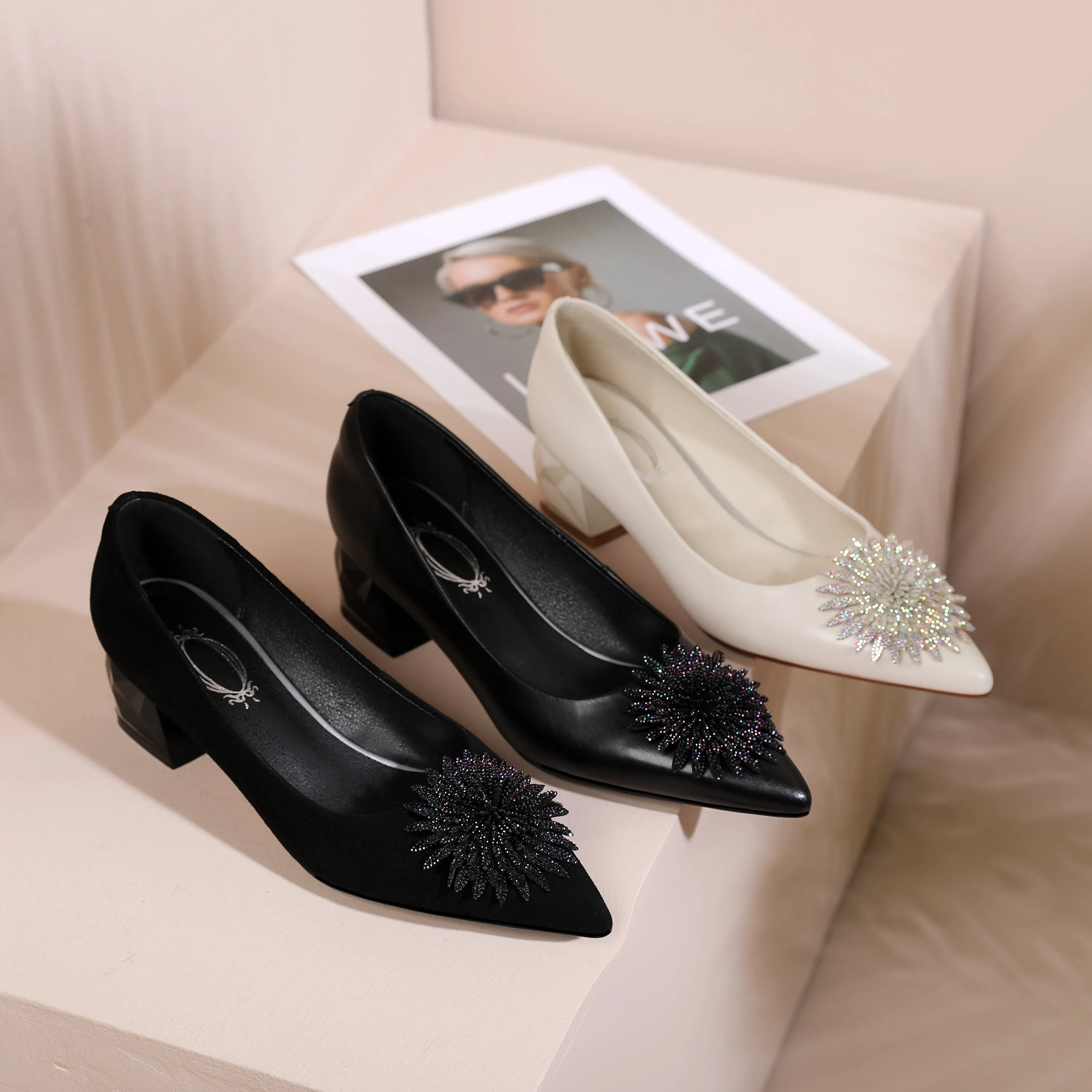 TinaCus Women's Pointed Toe Genuine/Suede Leather Handmade Rhinestone Floral Decor Low Chunky Heel Pumps Shoes