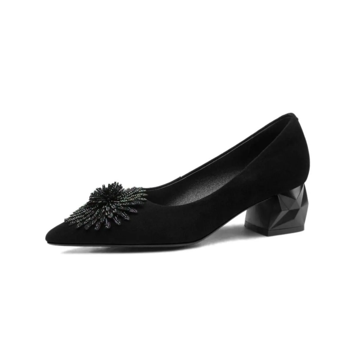 TinaCus Women's Pointed Toe Genuine/Suede Leather Handmade Rhinestone Floral Decor Low Chunky Heel Pumps Shoes