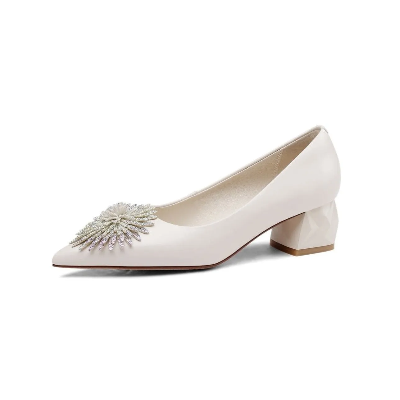 TinaCus Women's Pointed Toe Genuine/Suede Leather Handmade Rhinestone Floral Decor Low Chunky Heel Pumps Shoes