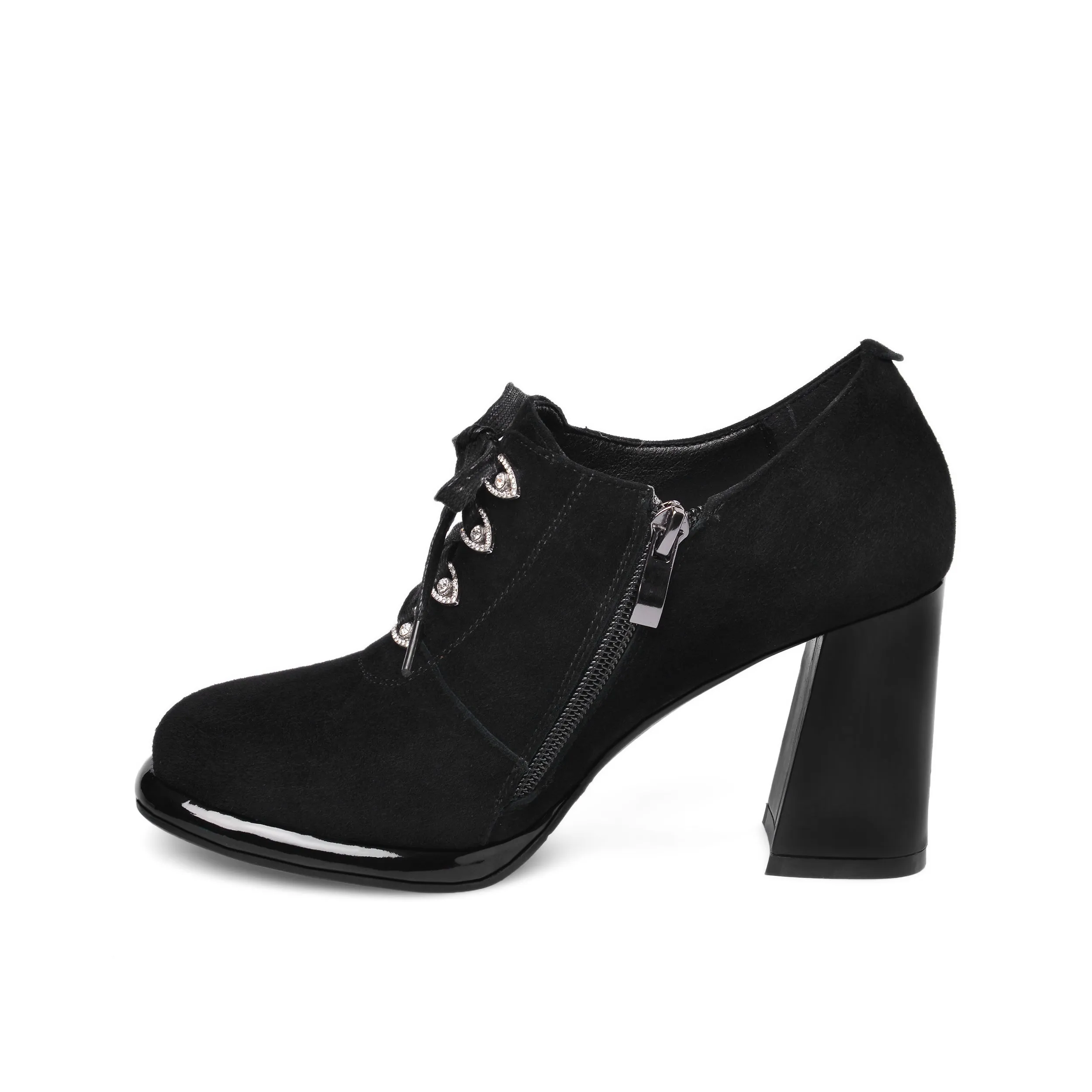 TinaCus Women's Round Toe Suede Leather Handmade Side Zipper Sleftie Pump Shoes with High Chunky Heel