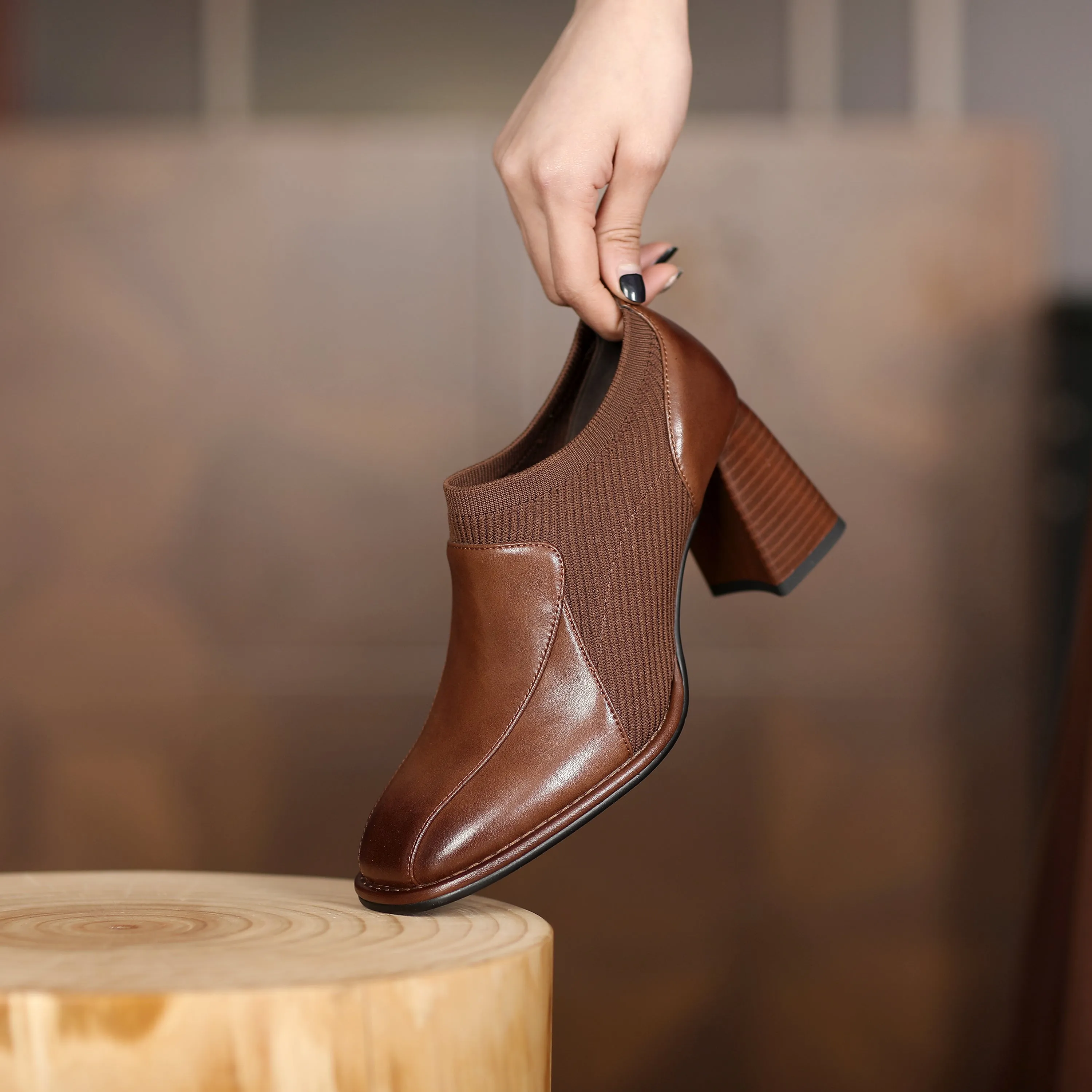 TinaCus Women's Square Toe Genuine Leather & Woolen Handmade Mid Chunky Heels Casual Shoes